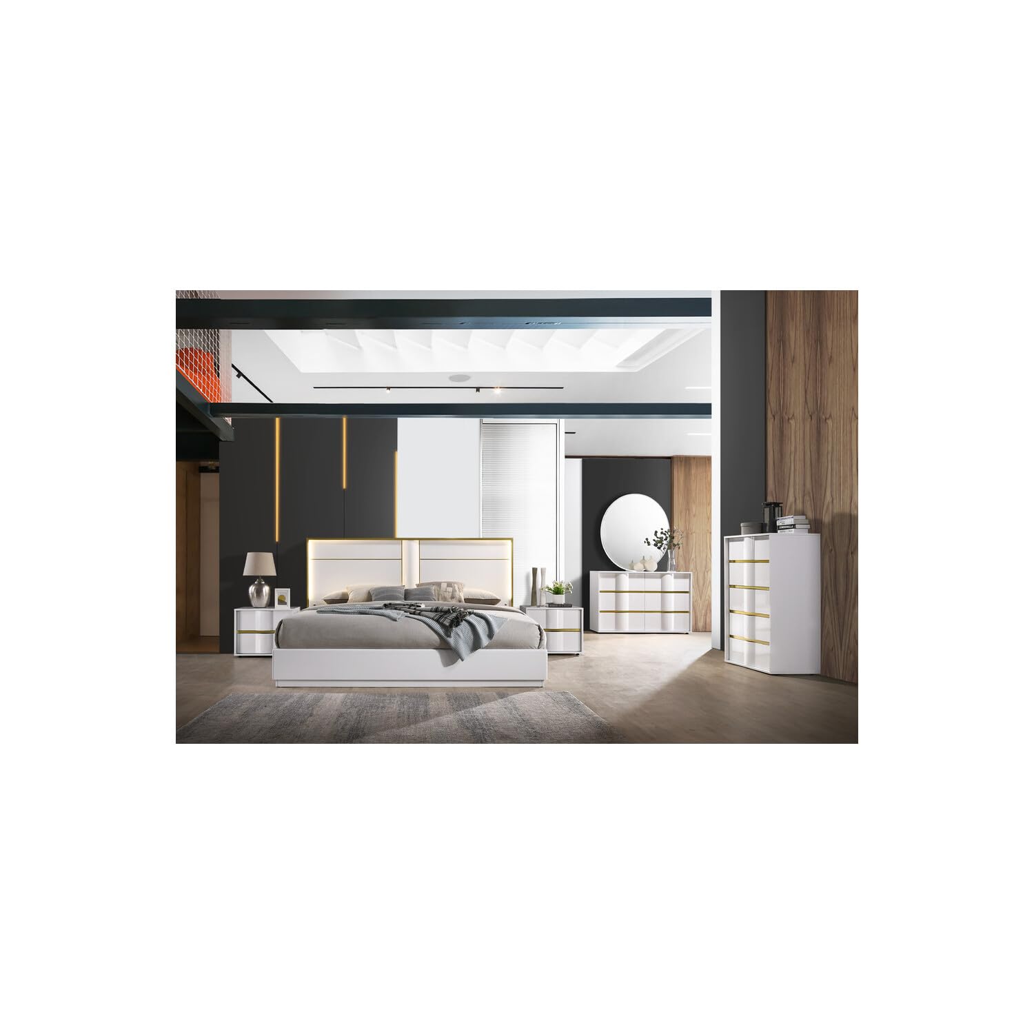 Best Master Furniture Havana Platform White With Gold Trimming Bed, Queen