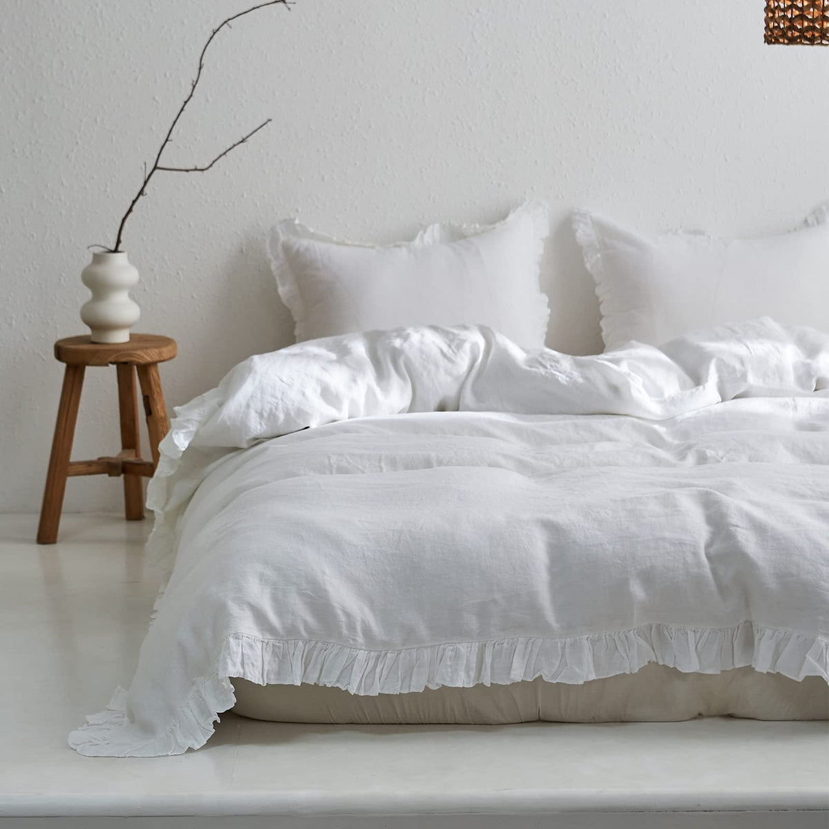 Simple&Opulence 100% Washed Linen Duvet Cover Set-3 Pieces Premium Shabby Chic Ruffled Bedding With 1 Comforter Cover And 2 Pill
