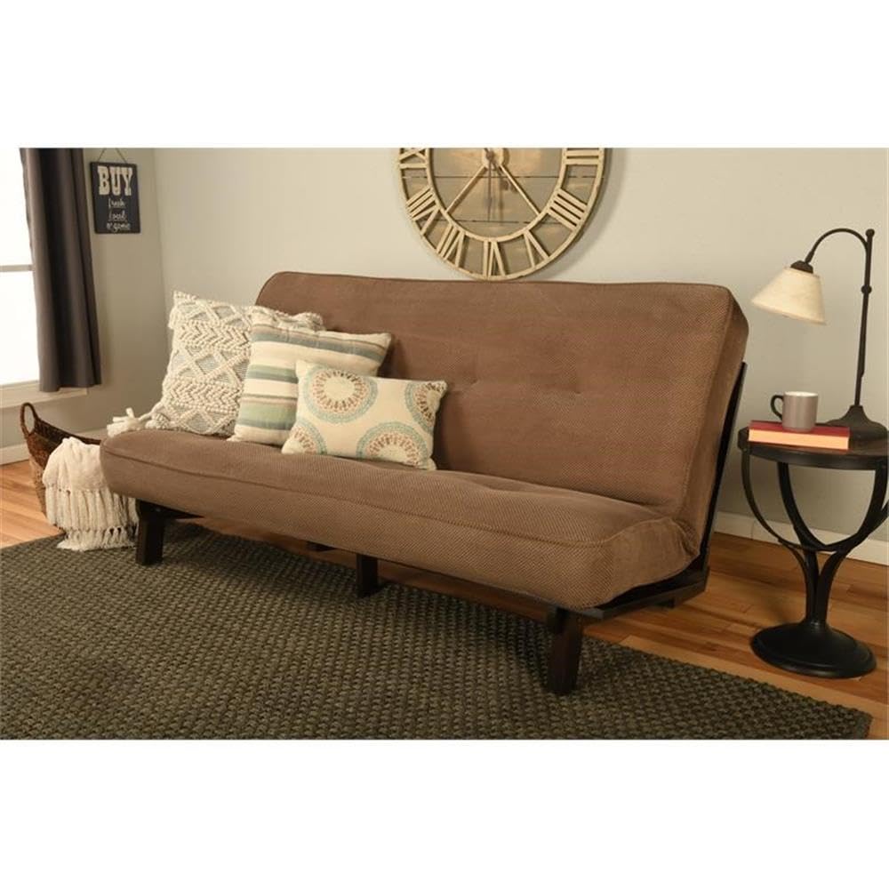 Kodiak Furniture Carson Full Size Futon Frame and Mattress Set - Java Brown Finish Wood Futon Frame with Mattress Included in Mocha Brown Color
