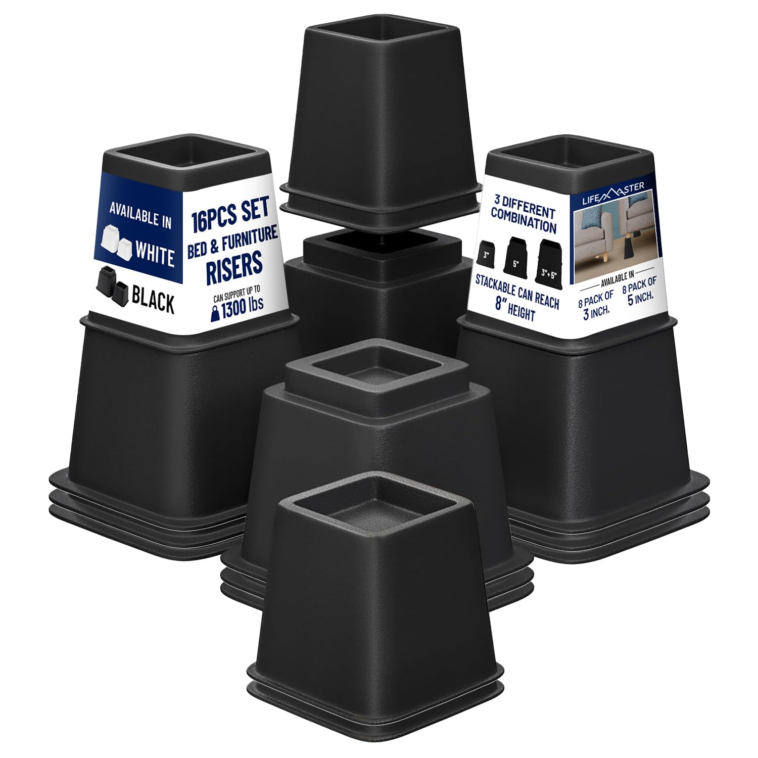 Lifemaster Furniture Riser Set - 16 Pieces Non-slip Design Furniture Leg Riser fits with Bed, Chair, Table, Sofa, Desk, and Couc