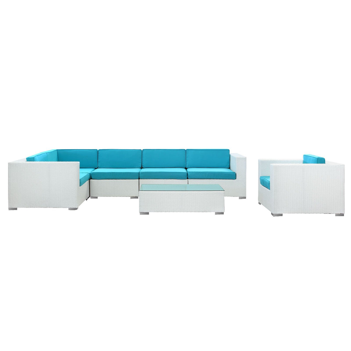 Lexmod Corona Outdoor Wicker Patio 7-Piece Sectional Sofa Set In White With Turquoise Cushions