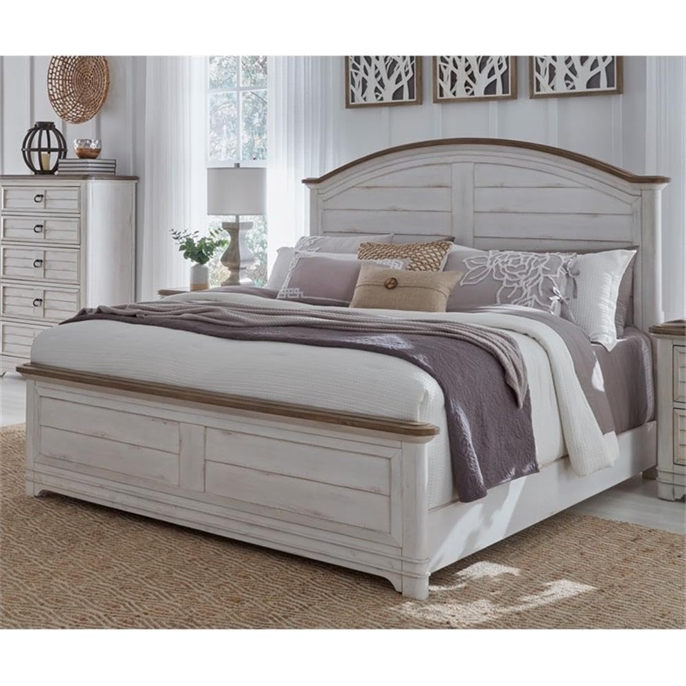 American Woodcrafters Meadowbrook White-Washed Wood Farmhouse Queen Size Arched Panel Bed