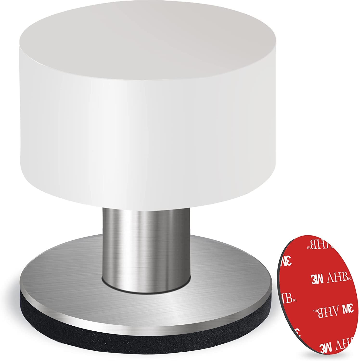 Door Stoppers With Extra Stickers, Self-Adhesive Door Stop With White Rubber & Stainless Steel Body - Heavy Duty Sound Dampening