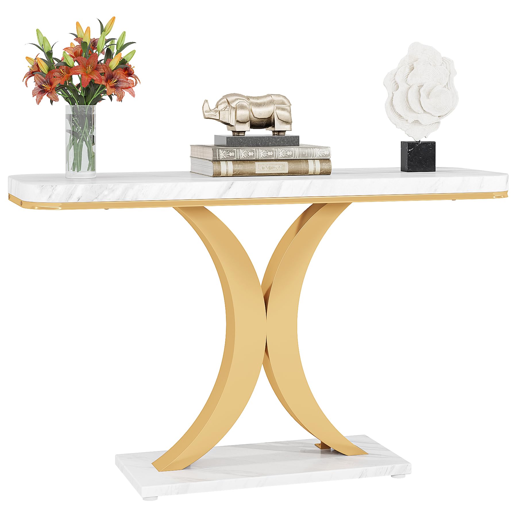 LITTLE TREE Narrow Entryway Console Table, Small, White+Gold