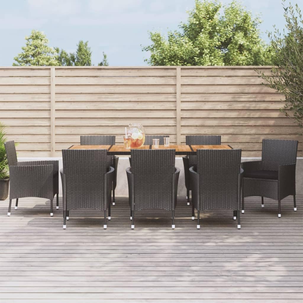 vidaXL 9 Piece Patio Dining Set - Black Poly Rattan/Steel Frame - Cushions Included - Rectangular Table - Outdoor Garden/Deck/Patio