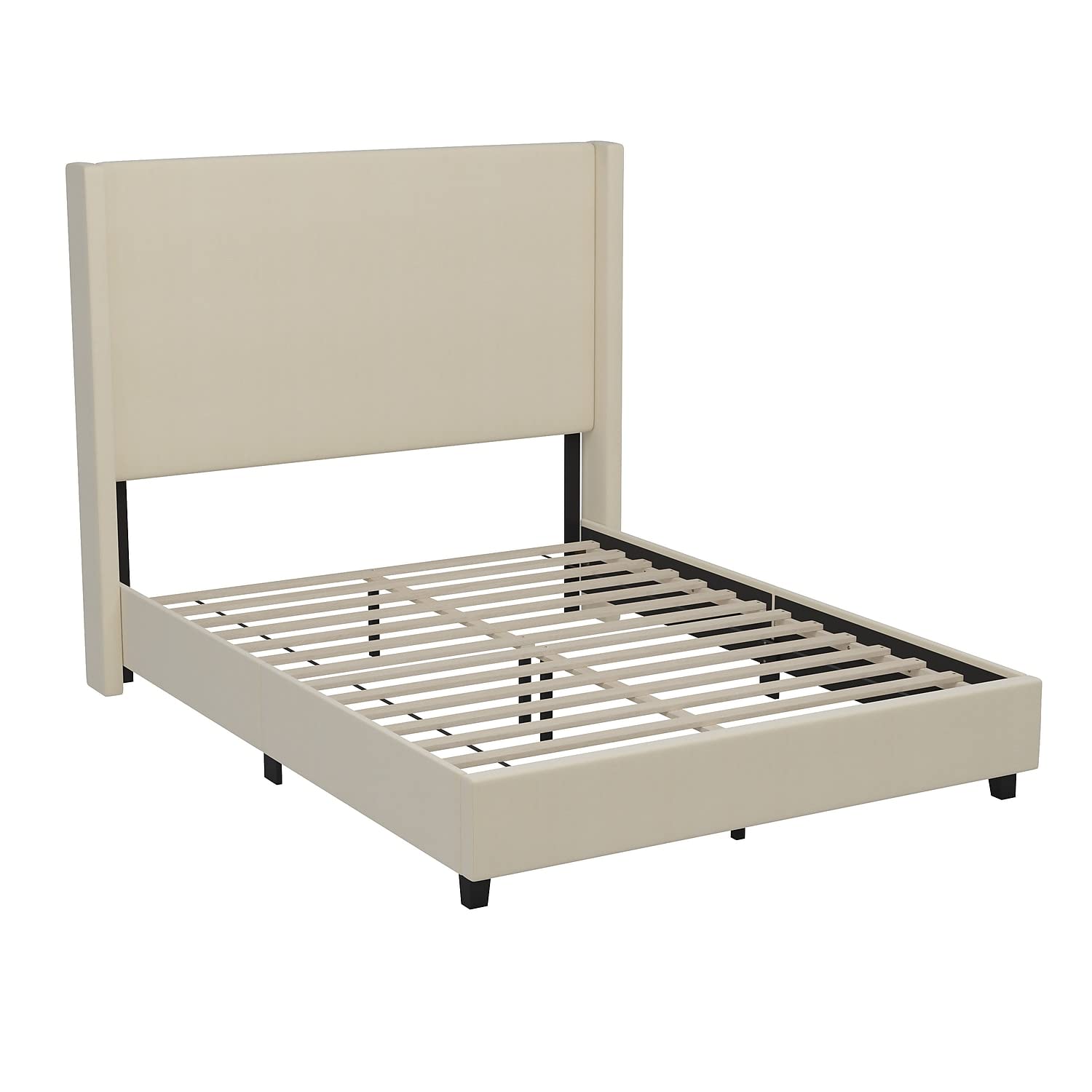 Flash Furniture Quinn Upholstered Platform Bed - Beige Channel Stitched Wingback Headboard - Queen - Mattress Foundation with Slatted Supports - No Box Spring Needed