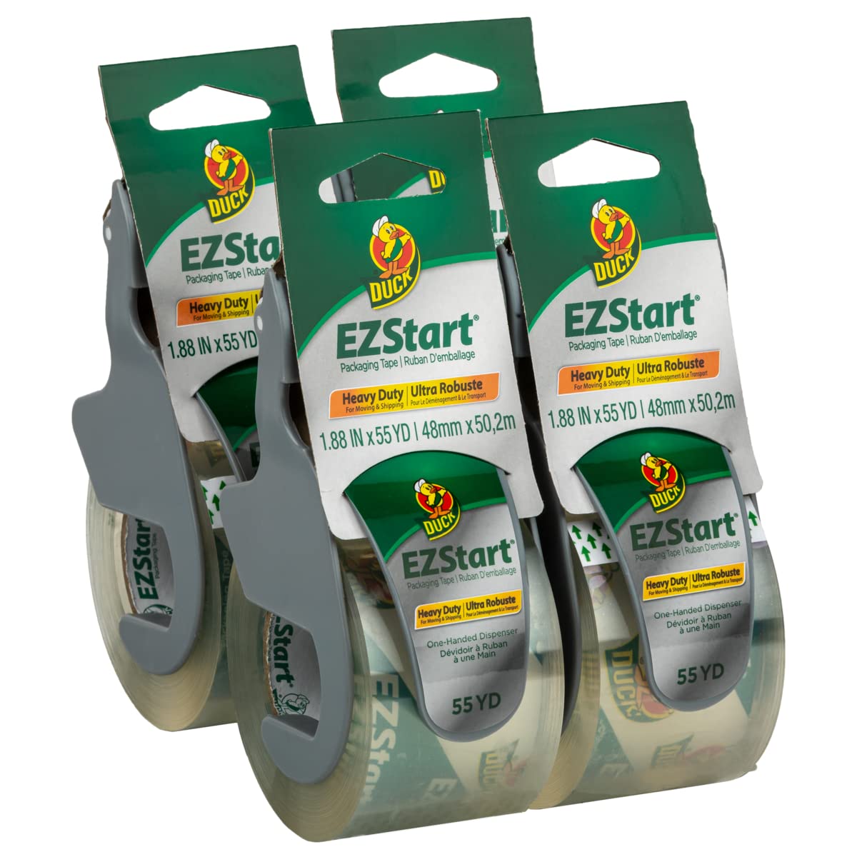 Duck Ez Start Packaging Tape, 4 Rolls With Dispensers, 220 Yards, Clear Packing Tape For Mailing, Moving, Shipping & Storage, Qu