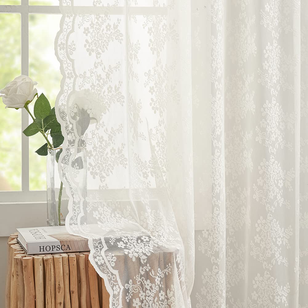 Yj Yanjun Sheer Lace Curtains 72 Inches Length Antique Flowers Sheer Curtains For French Door Rod Pocket 52 X 72 Inch Ivory