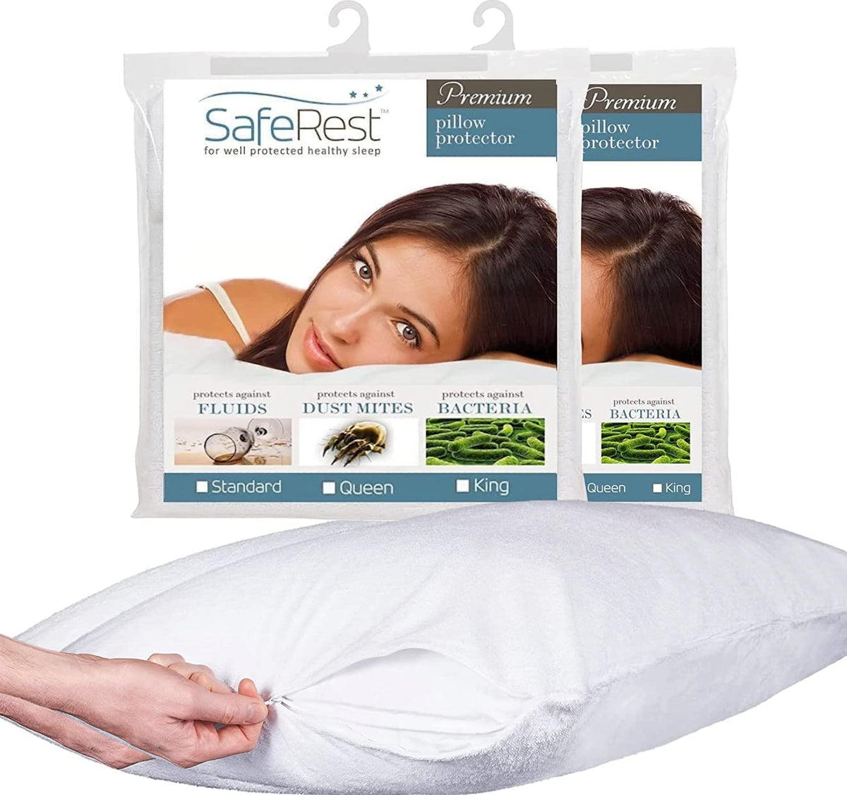 SafeRest Pillow Protector - Pack of 2 - Queen Size Waterproof Pillow Cover - Zippered Pillow Encasement for College Dorm Room, N