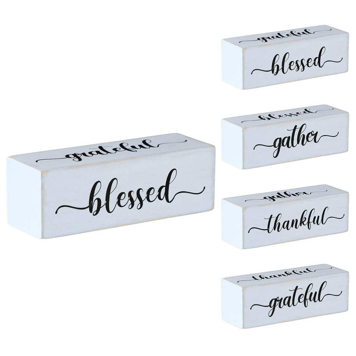 Jetec Wooden Decor Sign - Four-Sided Inspirational Block, 'Blessed', 'Gather', 'Thankful', 'Grateful', Rustic Farmhouse Style, 1