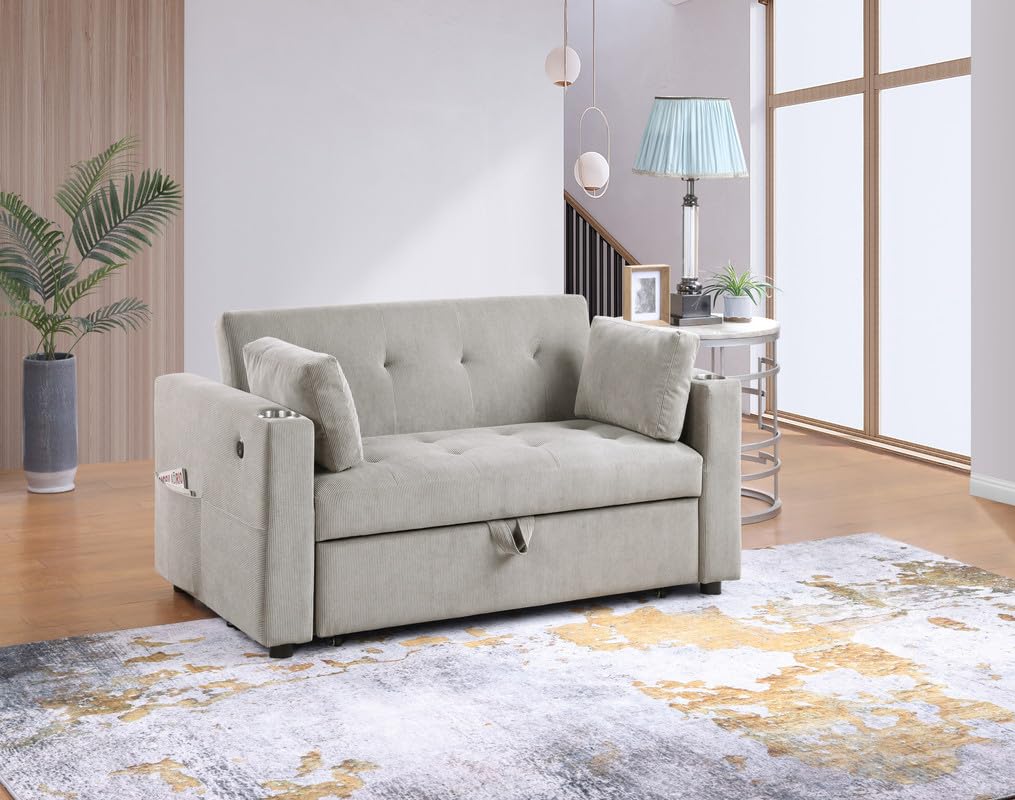 Lilola Home Luelle 57' W Gray Corduroy Convertible Sleeper Loveseat with Cupholders, USB Ports, Magazine Pockets, Pillows, Tufting