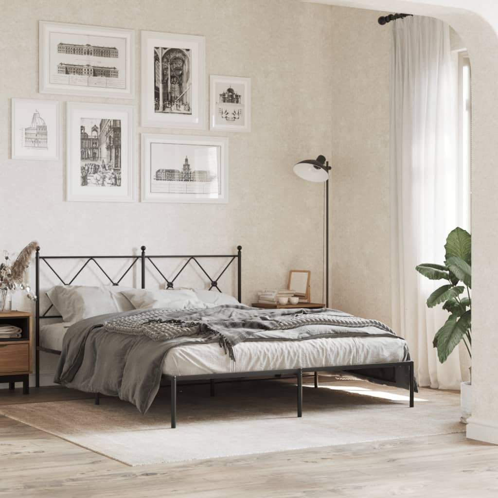 vidaXL Metal Double Bed Frame with Headboard - Black Steel, 81.5"x61.4"x35.6" for Mattress 59.1"x78.7" - Modern Bedroom Furniture