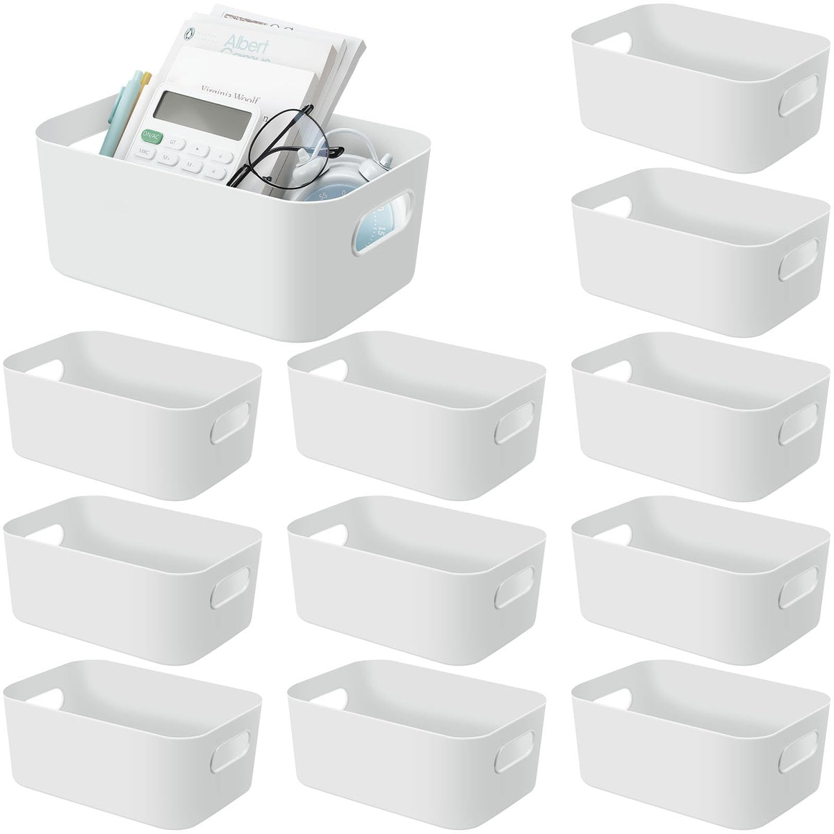12 Pieces Plastic Storage Bins with Handles, 9.6 X 6.3 X 3.9 Inch, White