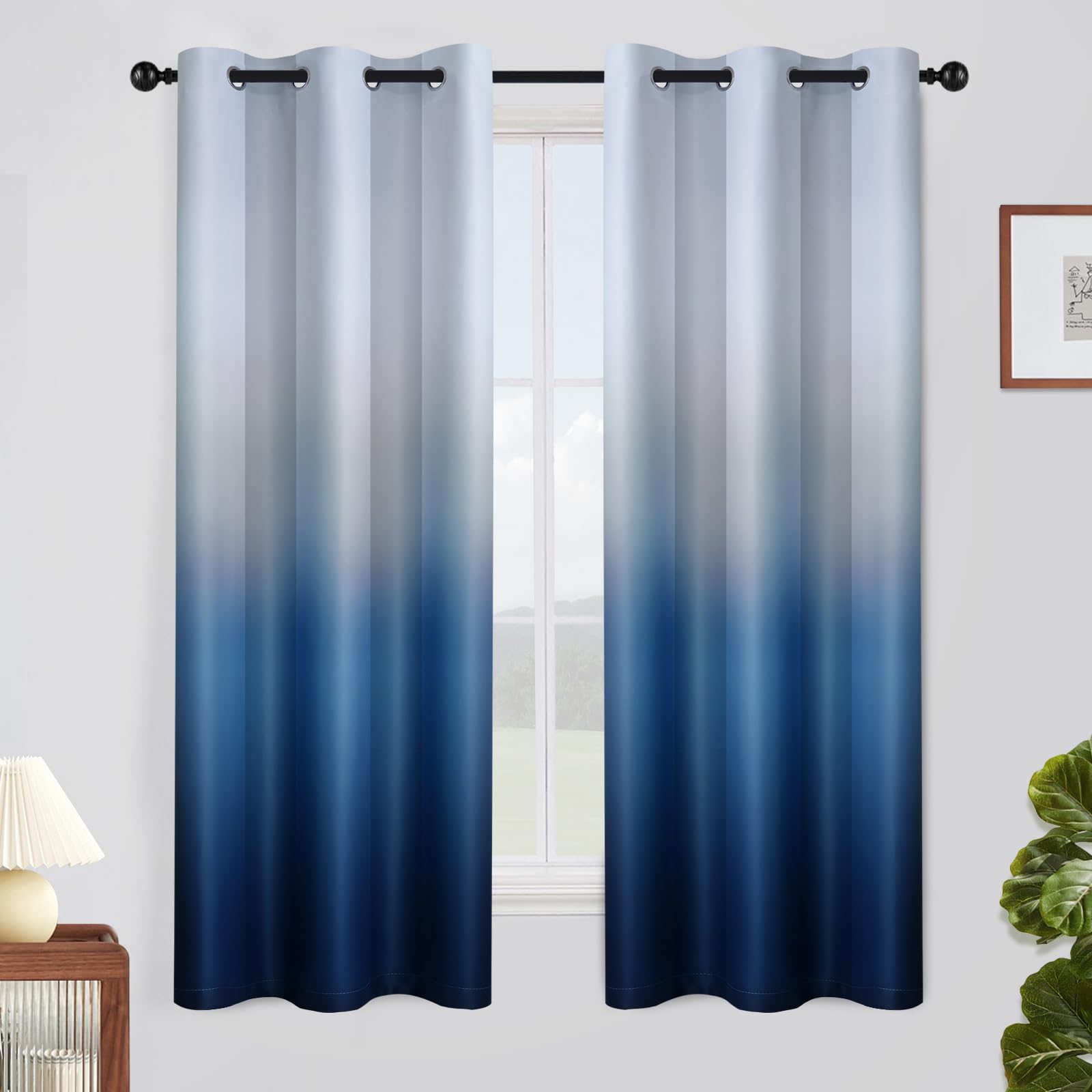 Simplehome Ombre Curtains 42 X 63 Inch For Bedroom 2 Panels, Gradient Grey White To Blue Light Blocking Thermal Insulated Gromme