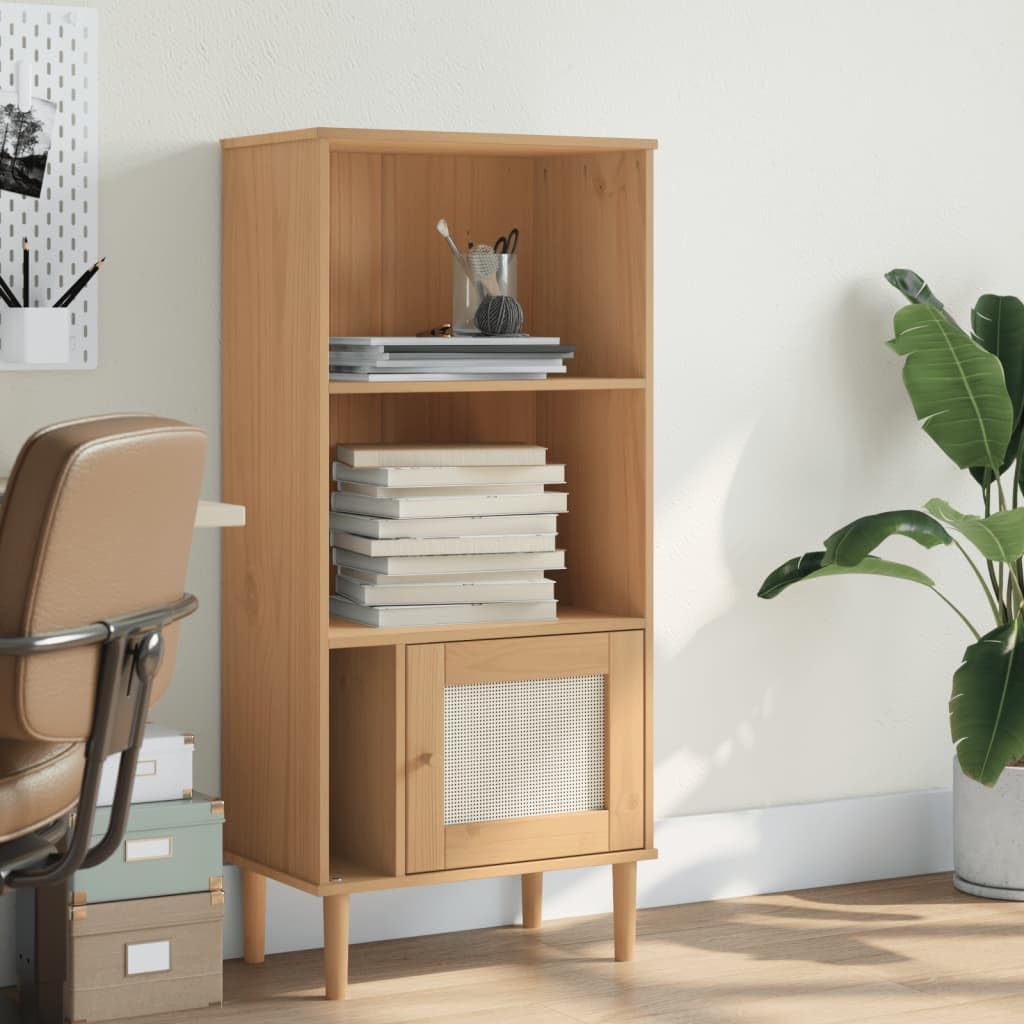 vidaXL SENJA Solid Pine Wood Bookcase with UV Varnish Finish - Ample Storage Space with Rattan Look Surface - Brown