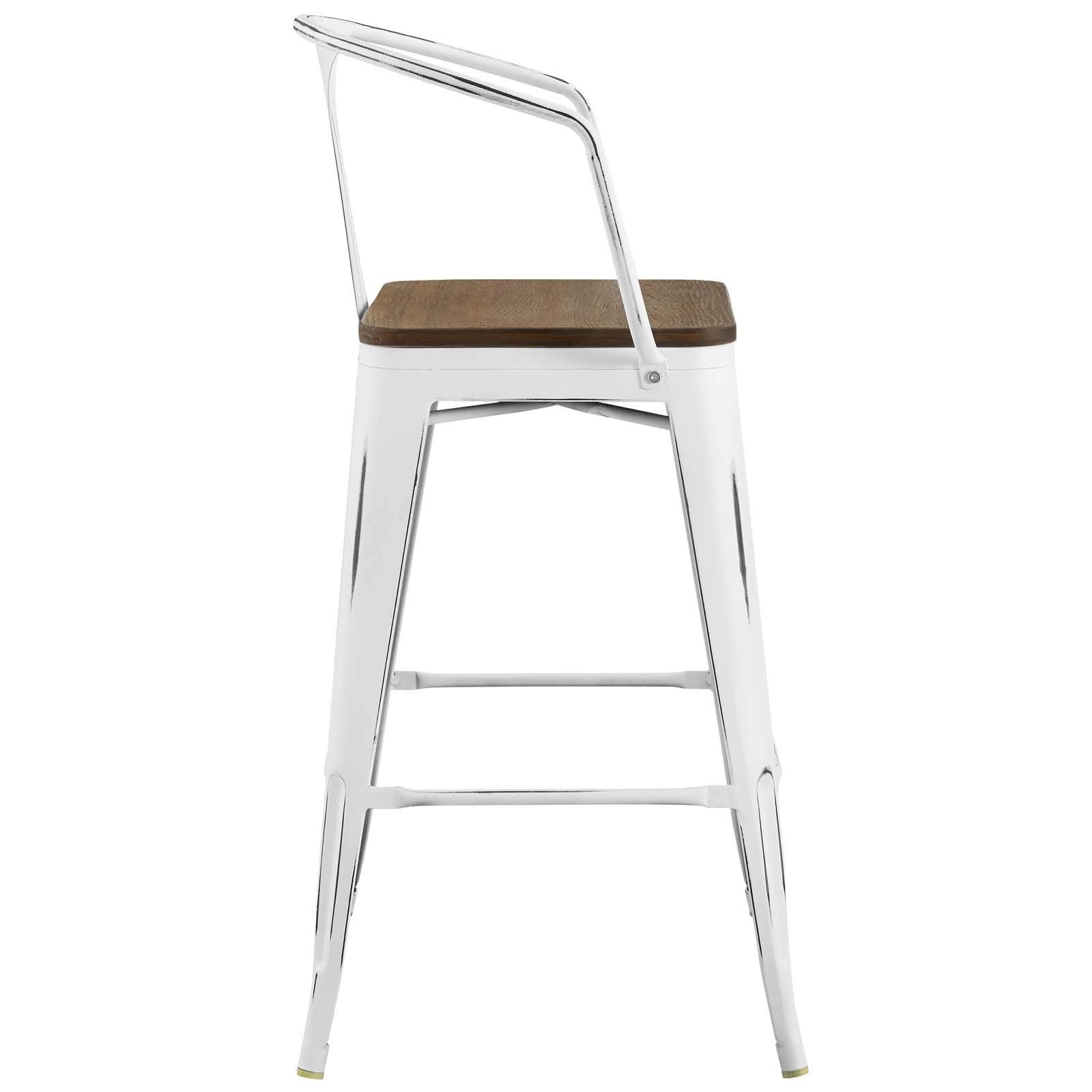 Modway Promenade Industrial Modern Steel Bistro Bar Stool with Arms and Bamboo Seat, White
