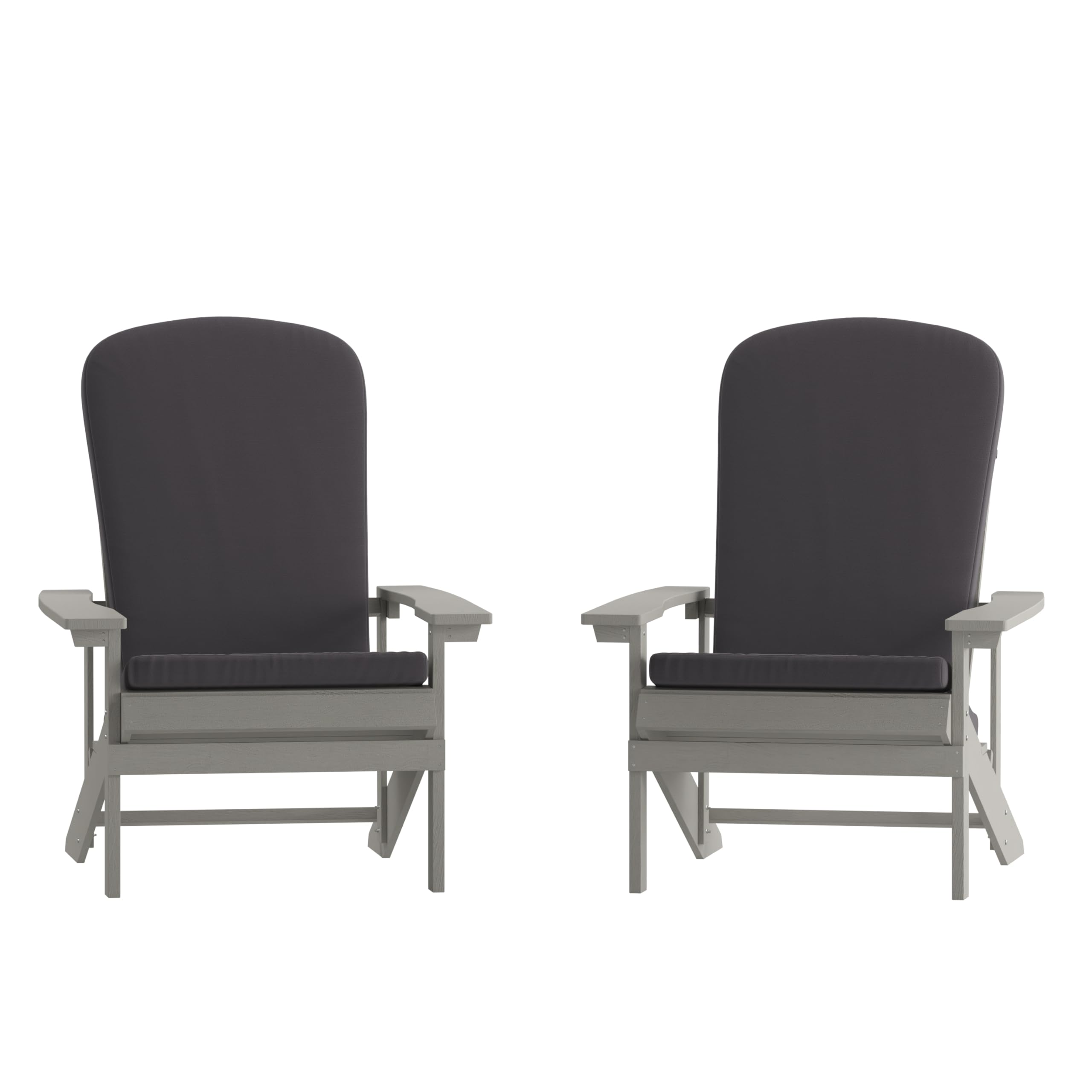 Set of 2 Adirondack Chairs in Gray with Gray Cushions for Deck, Porch, and Patio