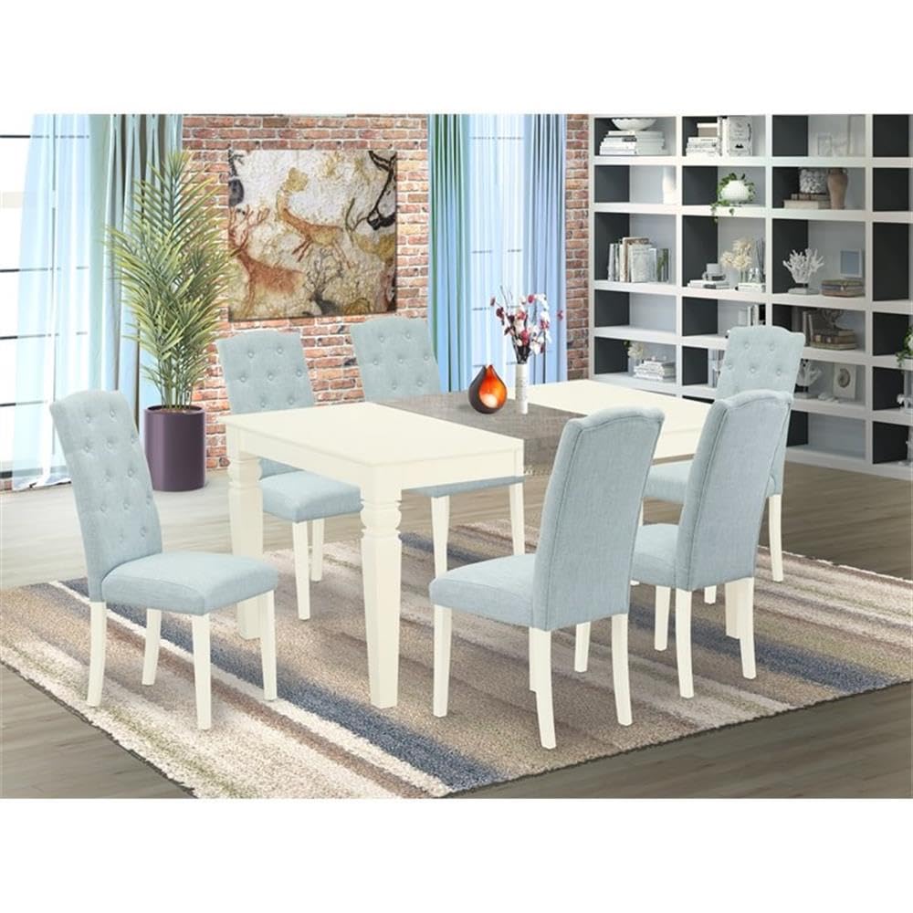 East West Furniture Wece7-Whi-15 7 Piece Dining Table Set Consist Of A Rectangle Wooden Table With Butterfly Leaf And 6 Baby Blue Linen Fabric Upholstered Chairs, 42X60 Inch, Linen White