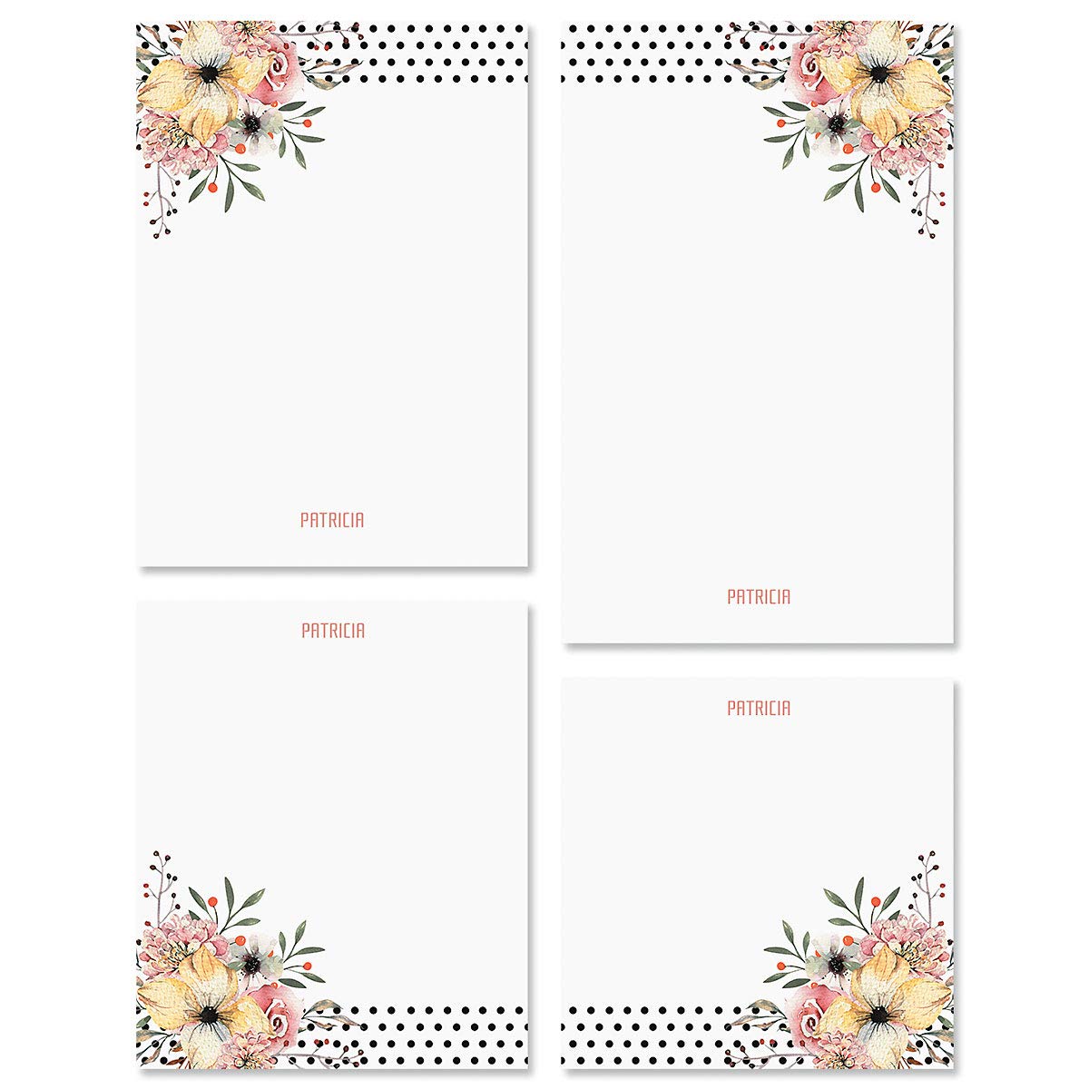 Floral Dots Personalized Notepad Sets - Set Of 4, 100-Sheet Pads, Add Your Name, Largest Pad 4-1/4' X 6-3/4', Personalized Sta
