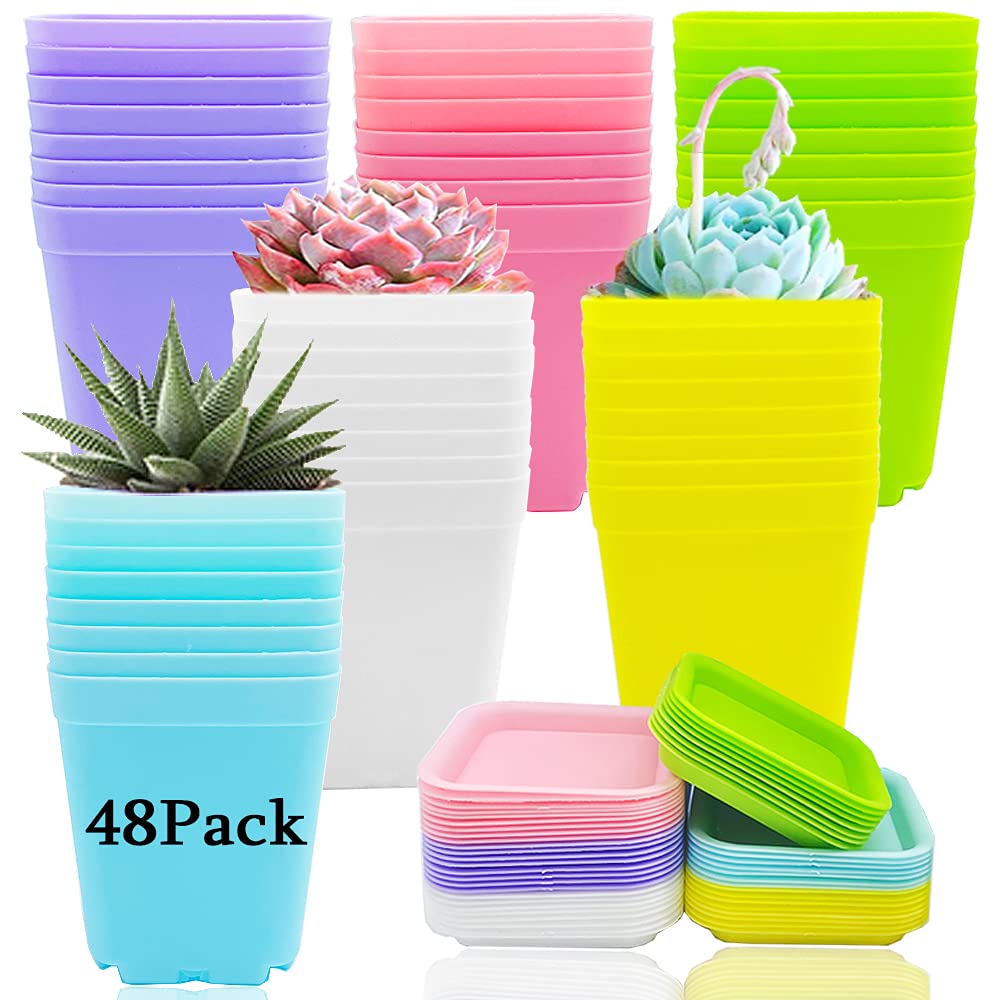 48 Pack 3 Inch Colorful Plastic Plant Pot,Plastic Square Nursery Pots,Seedling Nursery Pots With Saucers For Garden,Home,Office,