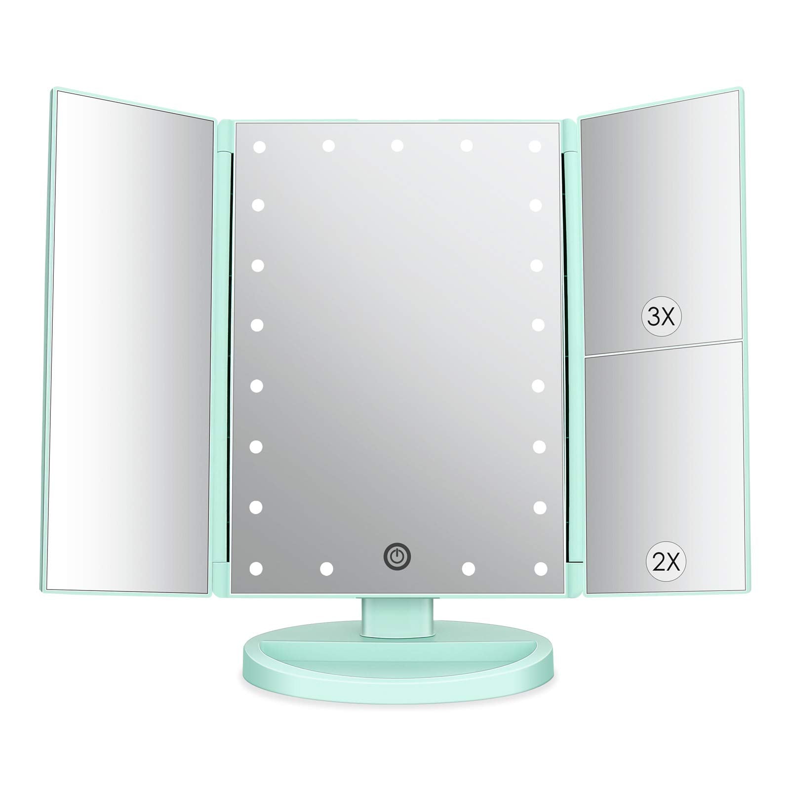 deweisn Tri-Fold Lighted Vanity Mirror with 21 LED Lights, Touch Screen and 3X/2X/1X Magnification, Two Power Supply Mode Make u