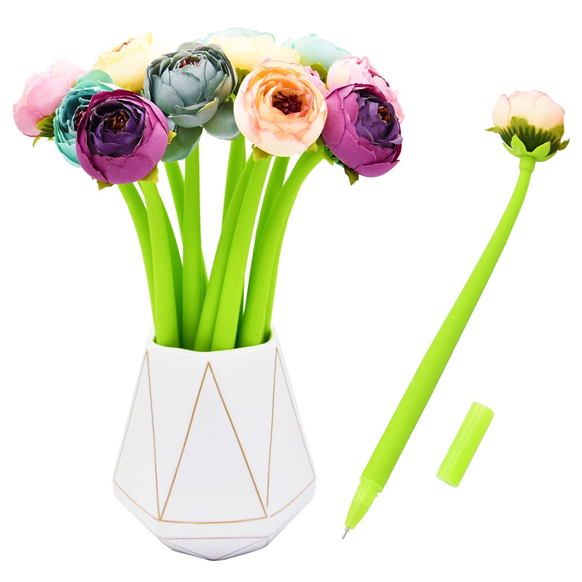 Sipliv 12Pcs Creative Artificial Flowers Gel Ink Pen Ballpoint Pen Liquid Black 0.5Mm Gel Ink Rollerball Pen For Girls Women, Ho