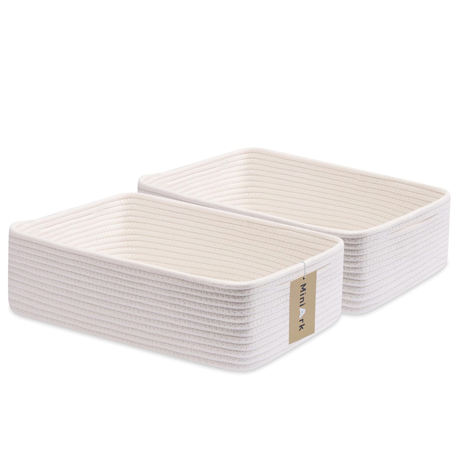 MiniArk Large Shallow Organizing Baskets 15x11x5.1 Inches - Rope Woven Storage Bins for Bathroom, Shelves, Cube Closet, Off Whit