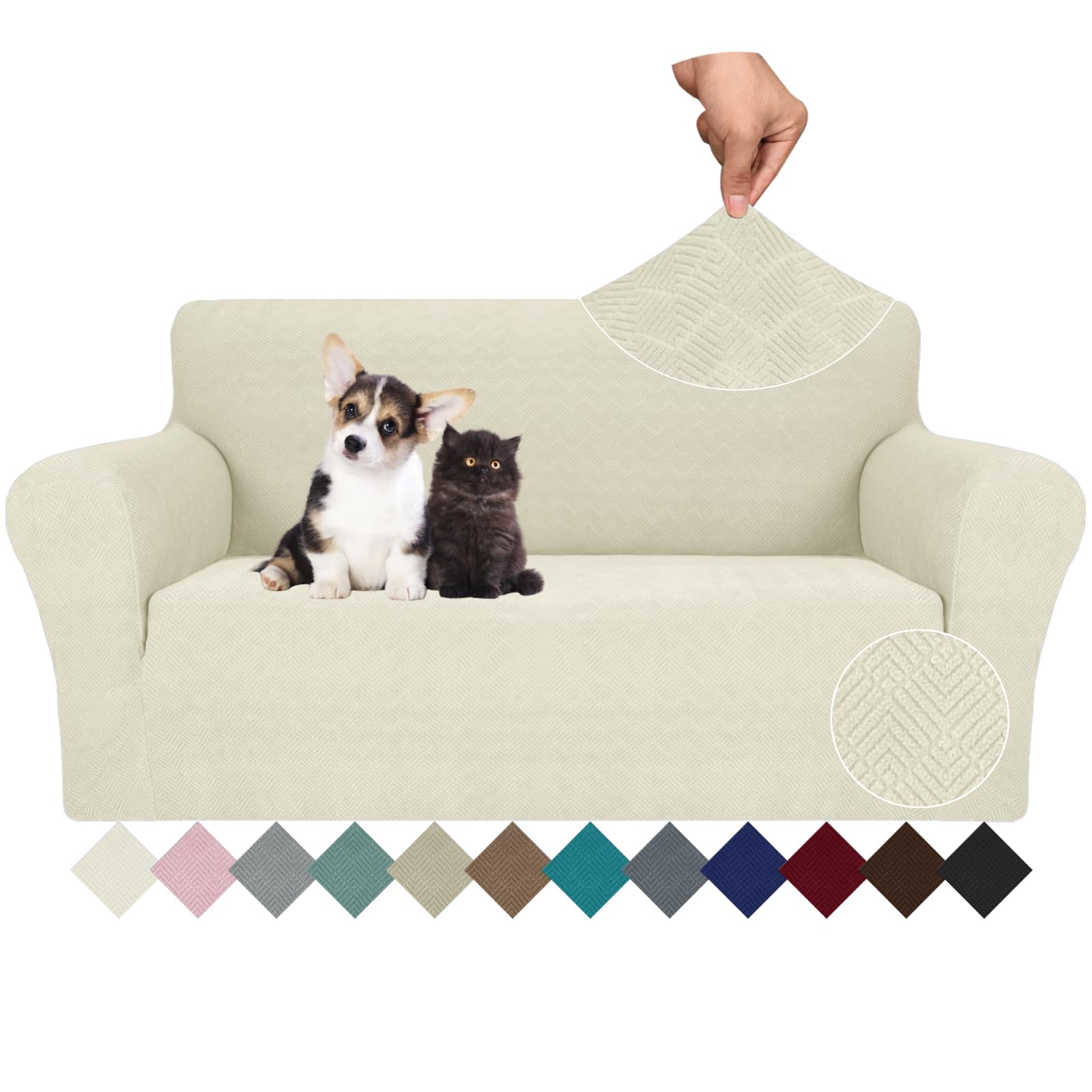Jiviner Stretch Loveseat Slipcovers 1 Piece Love Seat Sofa Cover Spandex 2 Seater Couch Covers Universal Furniture Protector With Elastic Bottom (Medium, Beige Rhomb)