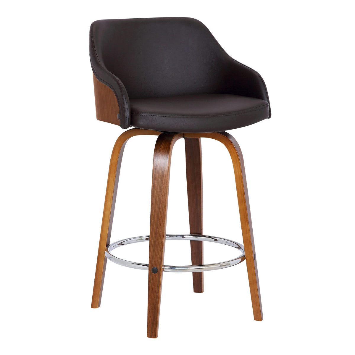 HomeRoots Chrome Steel,Faux Leather,Plywood 30â€ Brown Swivel Faux Leather Walnut Wooden Bar Stool