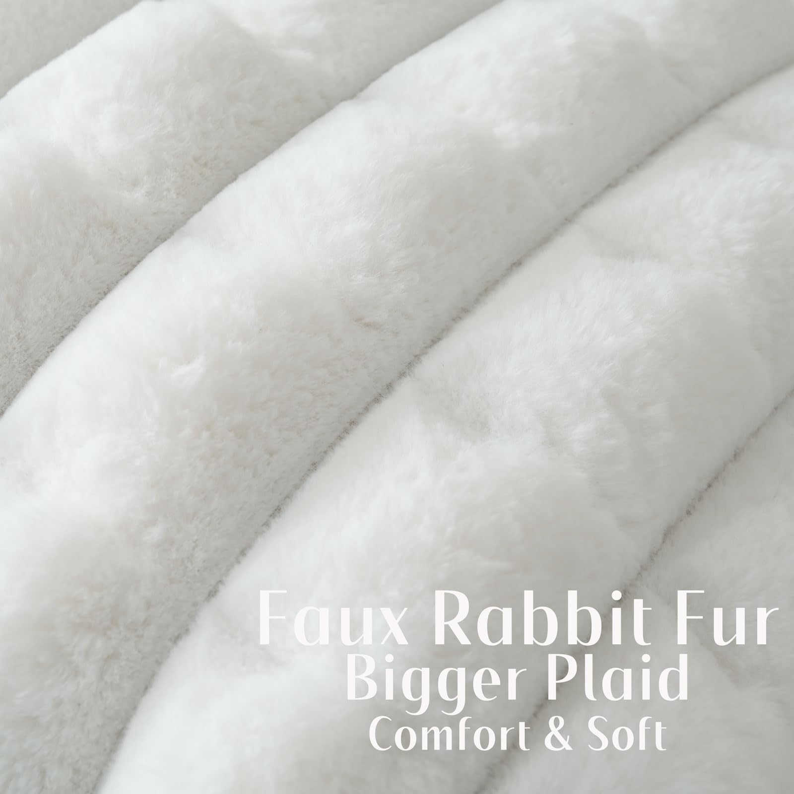 Futei Cream White Decorative Throw Pillow Covers 18X18 Inch Set Of 2, Square Soft Faux Rabbit Fur Big Plaid Cushion Cover,Home D