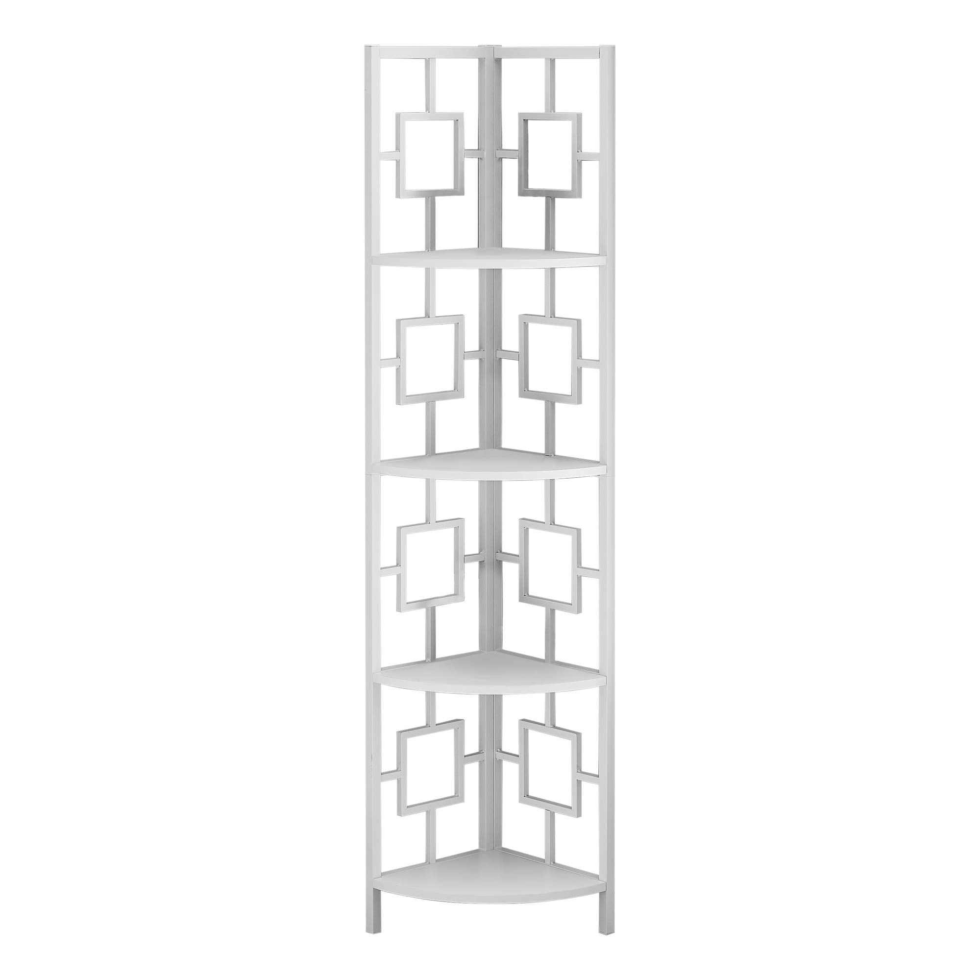 HomeRoots White,White Metal,Particle Board 62&quot; Bookcase WhiteandWhite Metal Corner Etagere with 4 Shelves