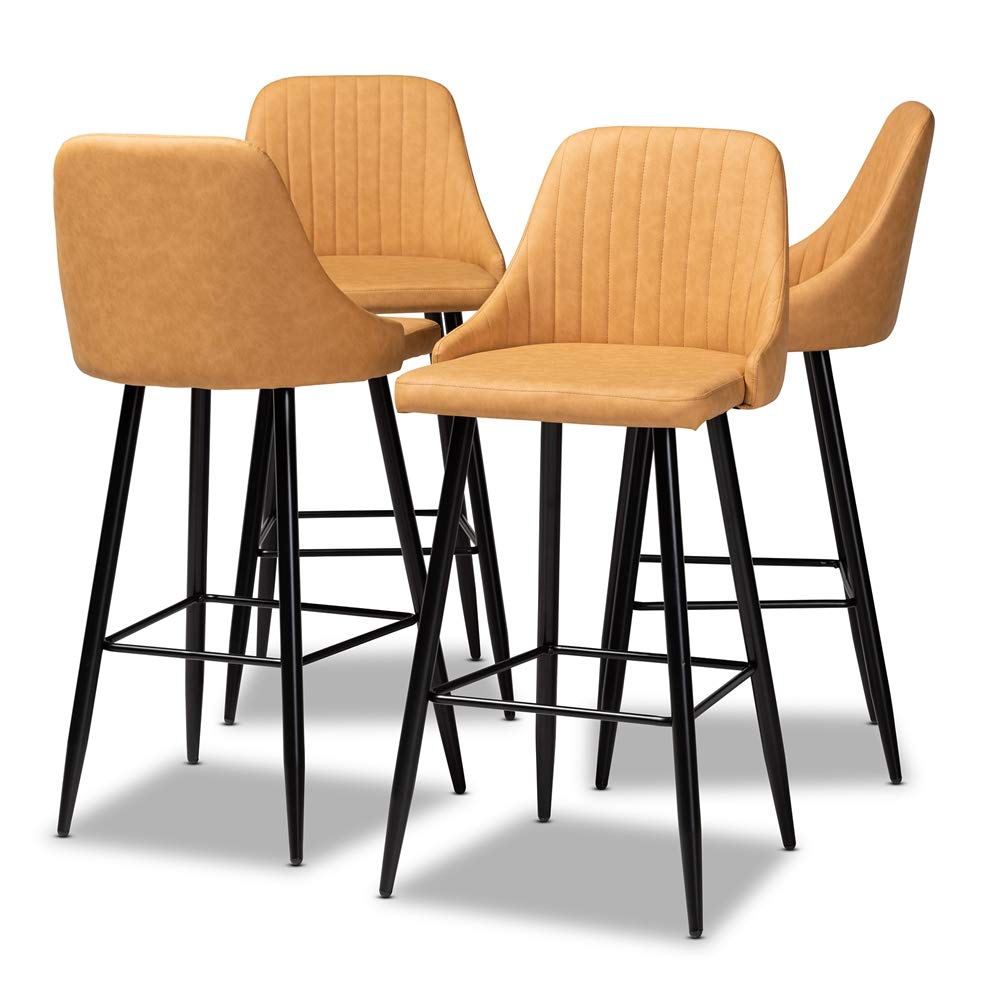 Baxton Studio Walter Mid-Century Contemporary Tan Faux Leather Upholstered and Black Metal 4-Piece Bar Stool Set