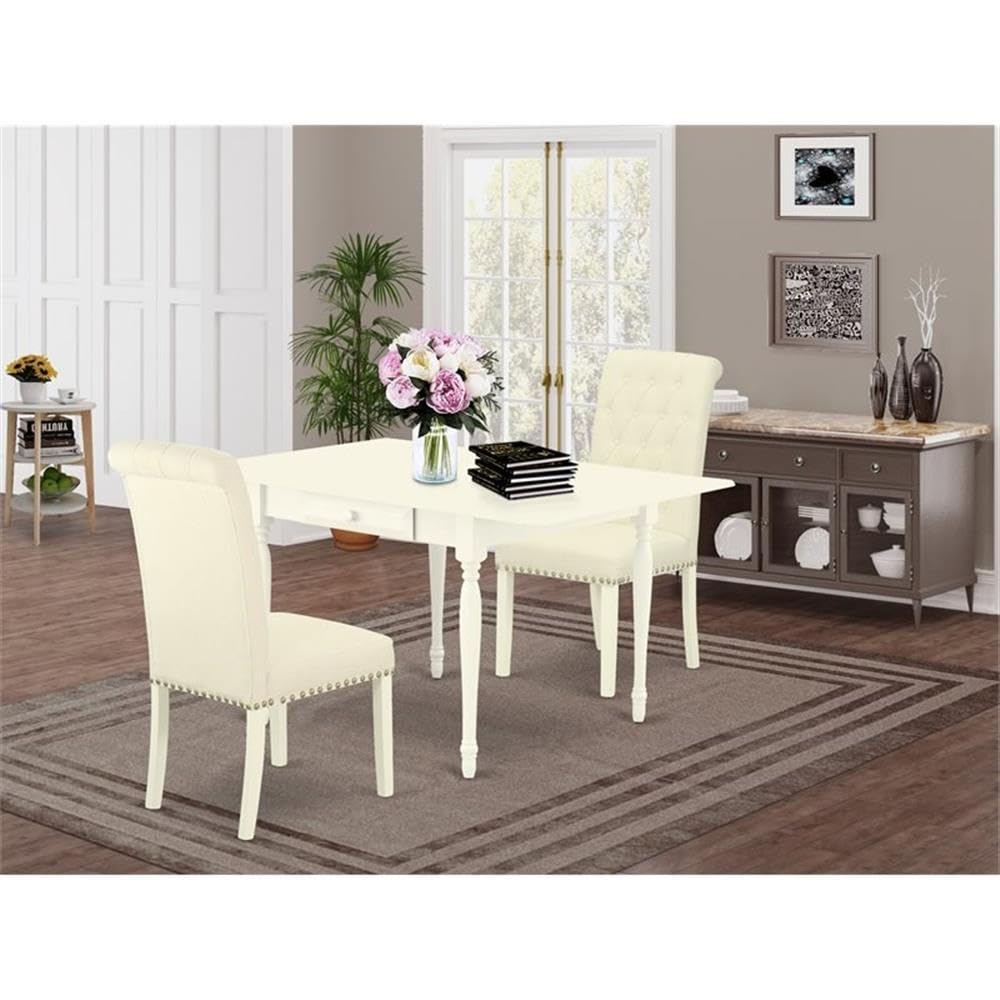 East West Furniture 1MZBR3-LWH-02 3 Piece Dining Room Furniture Set Contains a Rectangle Dining Table with Dropleaf and 2 Light Beige Linen Fabric Upholstered Chairs, 36x54 Inch, Linen White