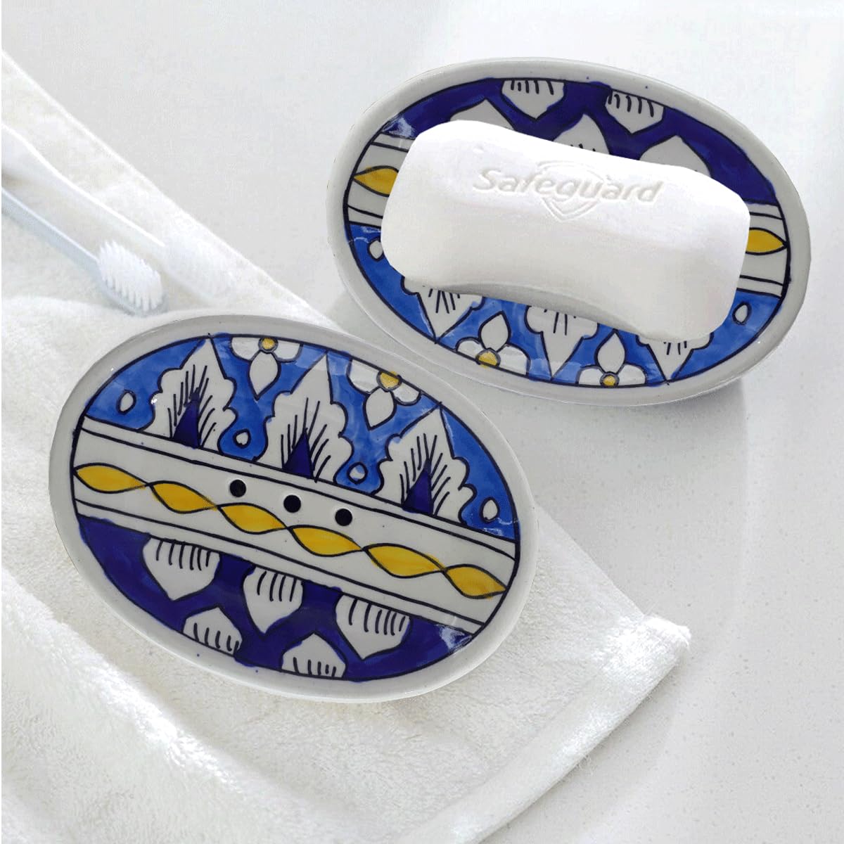 LOOKS FIRST Handmade Ceramic Soap Dish Stand Holder in Blue Ceramic Pottery | Bathroom soap case Holder Stand, 5 Inch | Sky Blue
