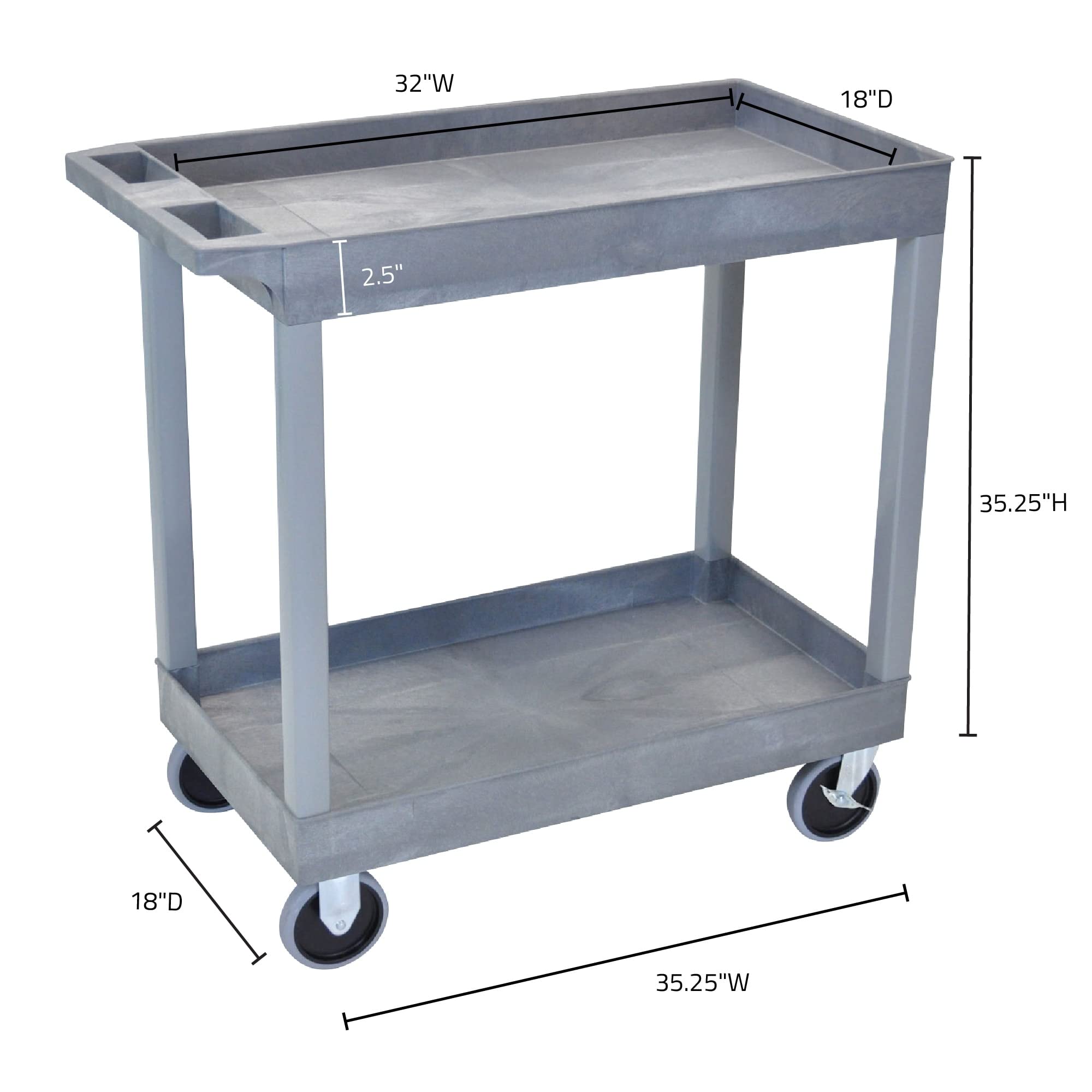 LUXOR EC11HD-G 32&quot; x 18&quot; Tub Cart - Two Shelves, Four 5&quot; Heavy-Duty Casters, Two Stationary and Two Full-Swivel with Locking Brake, 125 lbs. Per Shelf, Ergonomic Push Handle