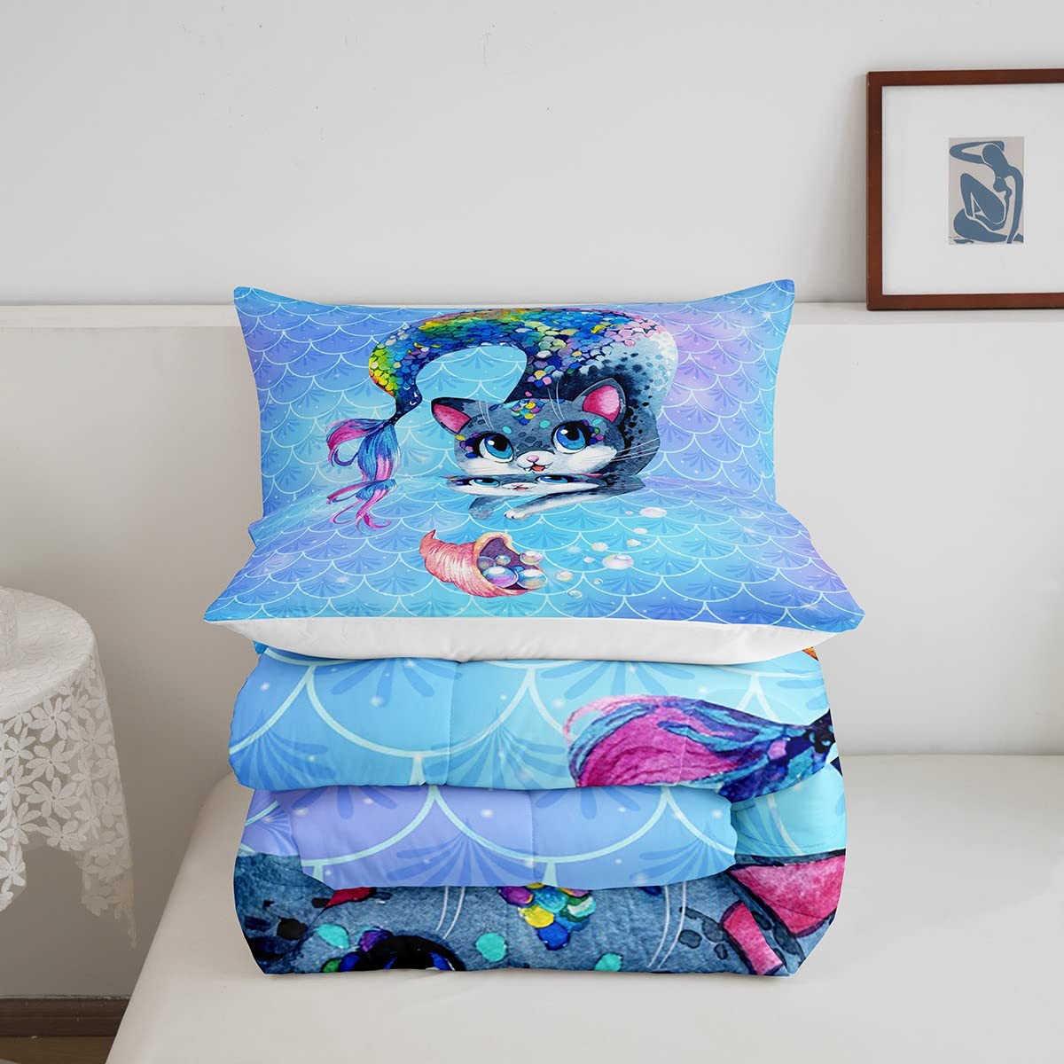 Rainbow Cartoon Cat Bed Sheet Set Colorful Mermaid Comforter Set For Kids Boys Girls Teens Room Decor Blue Mermaid Scales Beddin