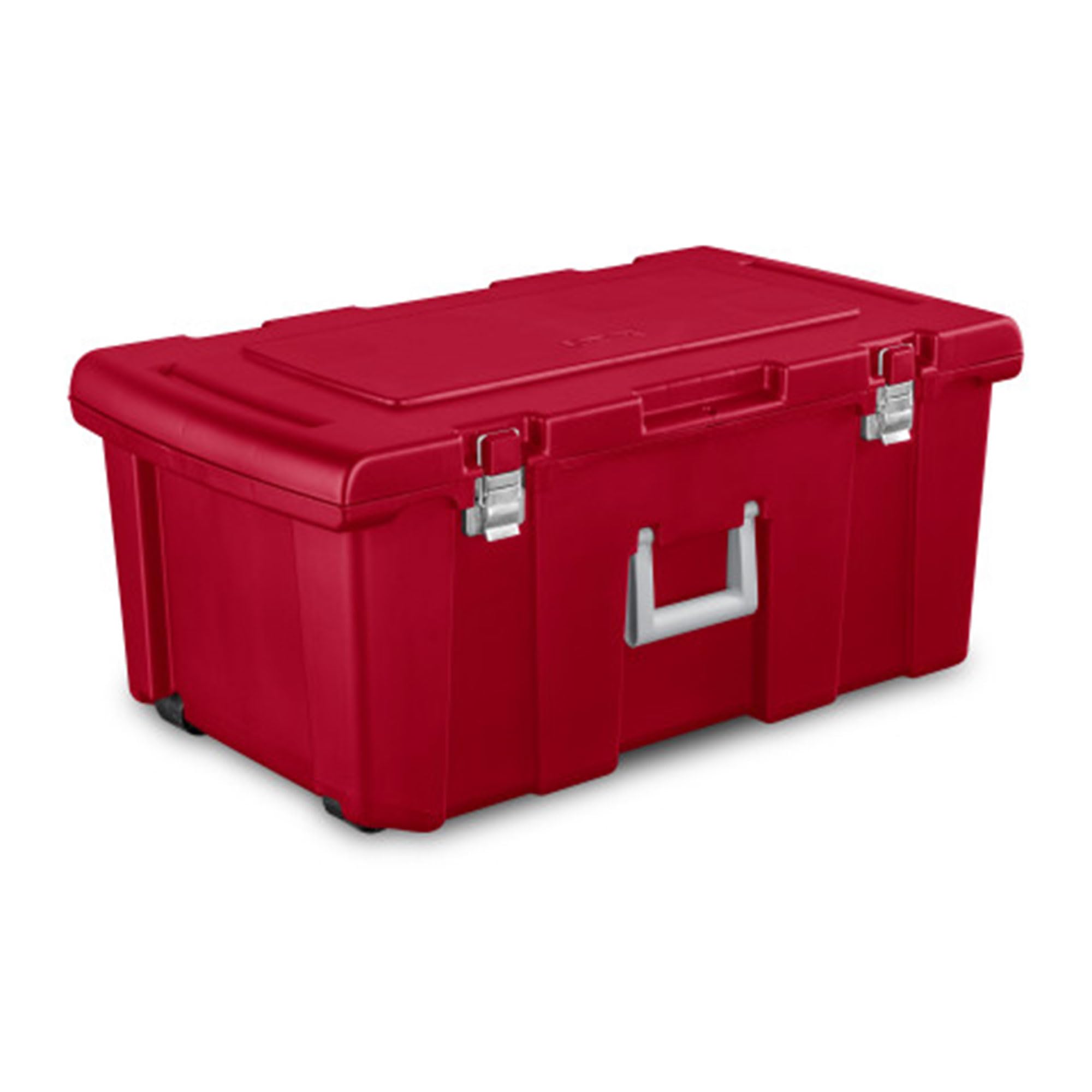 Sterilite 23 Gallon Lockable Storage Tote Footlocker Toolbox Container Box w/Wheels, Handles, Metal Hinges, & Latches, Infra Red