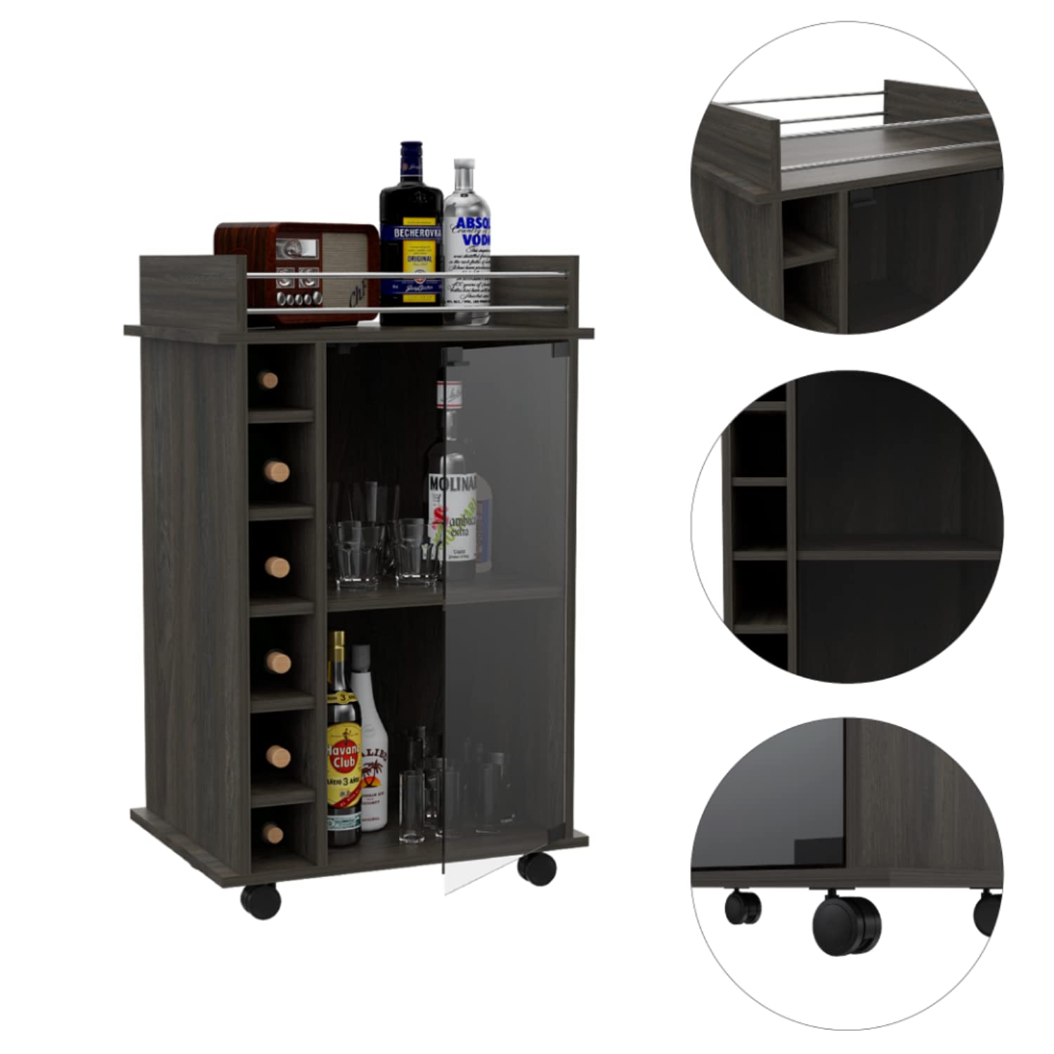 Huali Bar Cart with 6 Wine Cubbies, Glass Door, 4 Casters, and 2 Shelves, Carbon Espresso