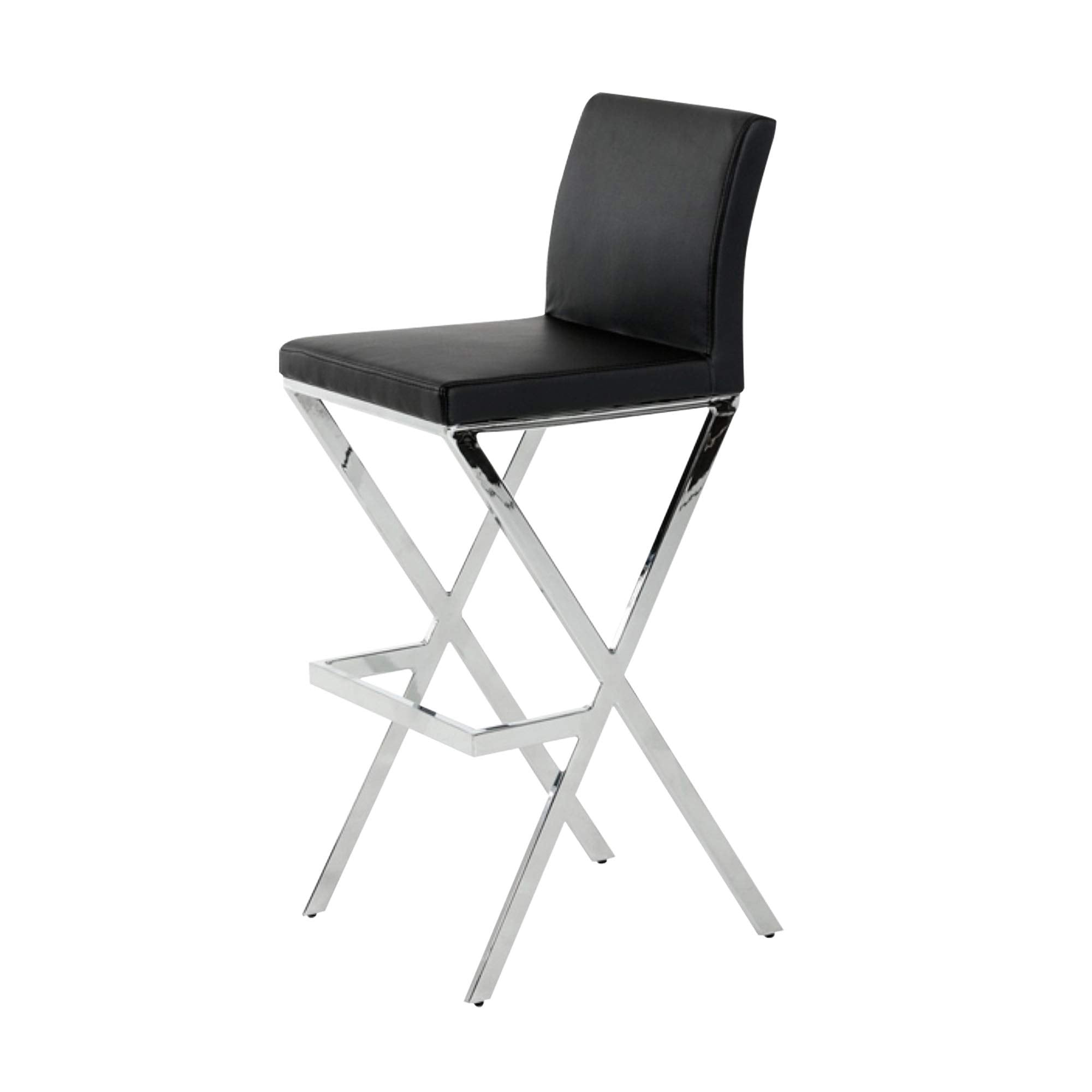Benjara Leatherette Bar Stool with X Shape Legs, Set of 2, Black and Chrome