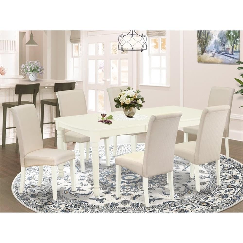 East West Furniture Doba7-Lwh-01 7 Piece Kitchen Table Set Consist Of A Rectangle Dining Table With Butterfly Leaf And 6 Cream Linen Fabric Parson Dining Chairs, 42X78 Inch, Linen White