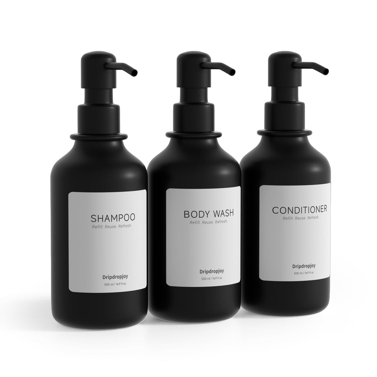 Modern Shampoo and Conditioner Dispenser Set of 3, 17oz Refillable Shower Soap Dispenser Bottles with Stainless Steel Pumps & Wa