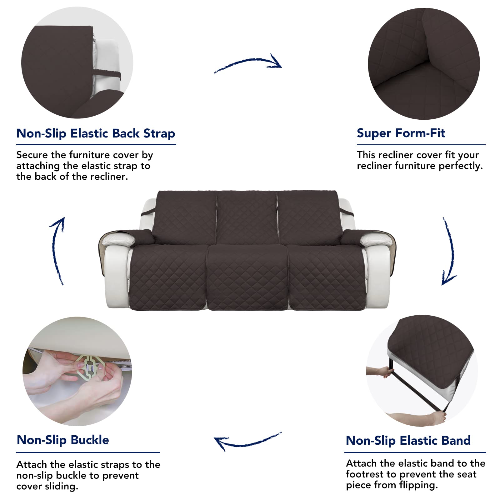 Purefit Water Resistant Reversible Sofa Covers For Reclining Sofa 3 Seat - Non Slip Split Recliner Couch Cover For 3 Cushion Cou