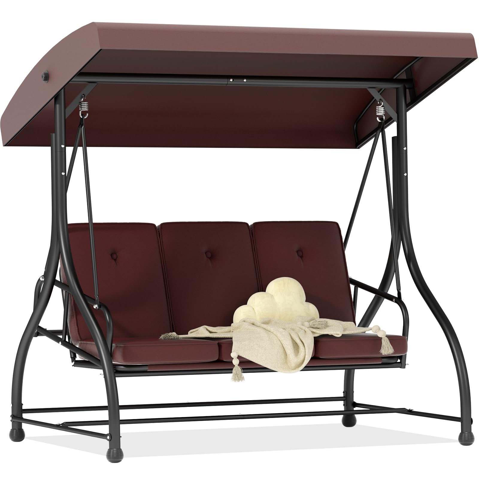 3 In 1 Outdoor Porch Glider Swing With Adjustable Canopy, 3 Seat Patio Swing Chair With Thickened Cushions, For Backyard, Porch,