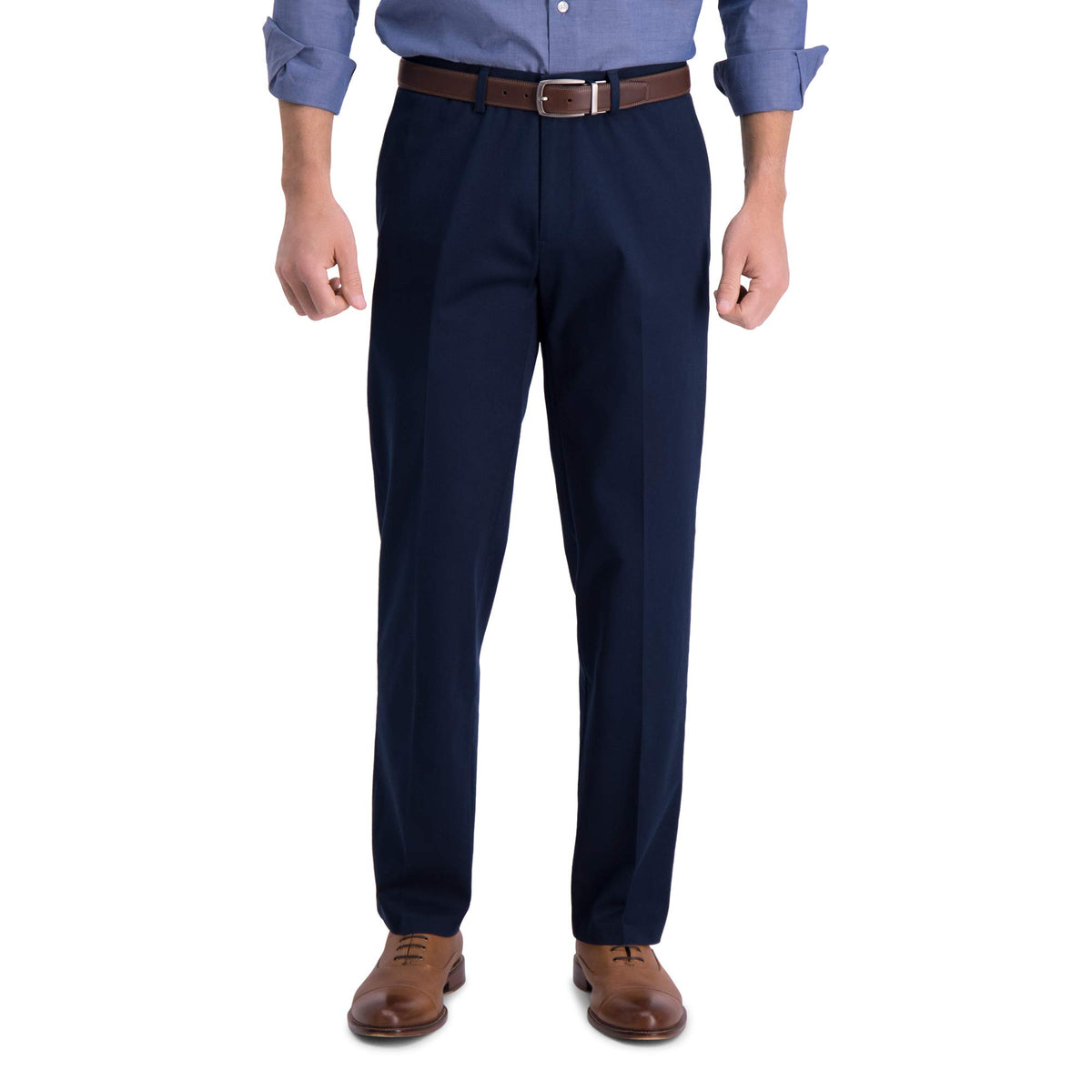 Haggar Mens Iron Free Premium Khaki Straight Fit Flat Front Flex Waist Casual Pants, Dark Navy, 34W X 32L Us