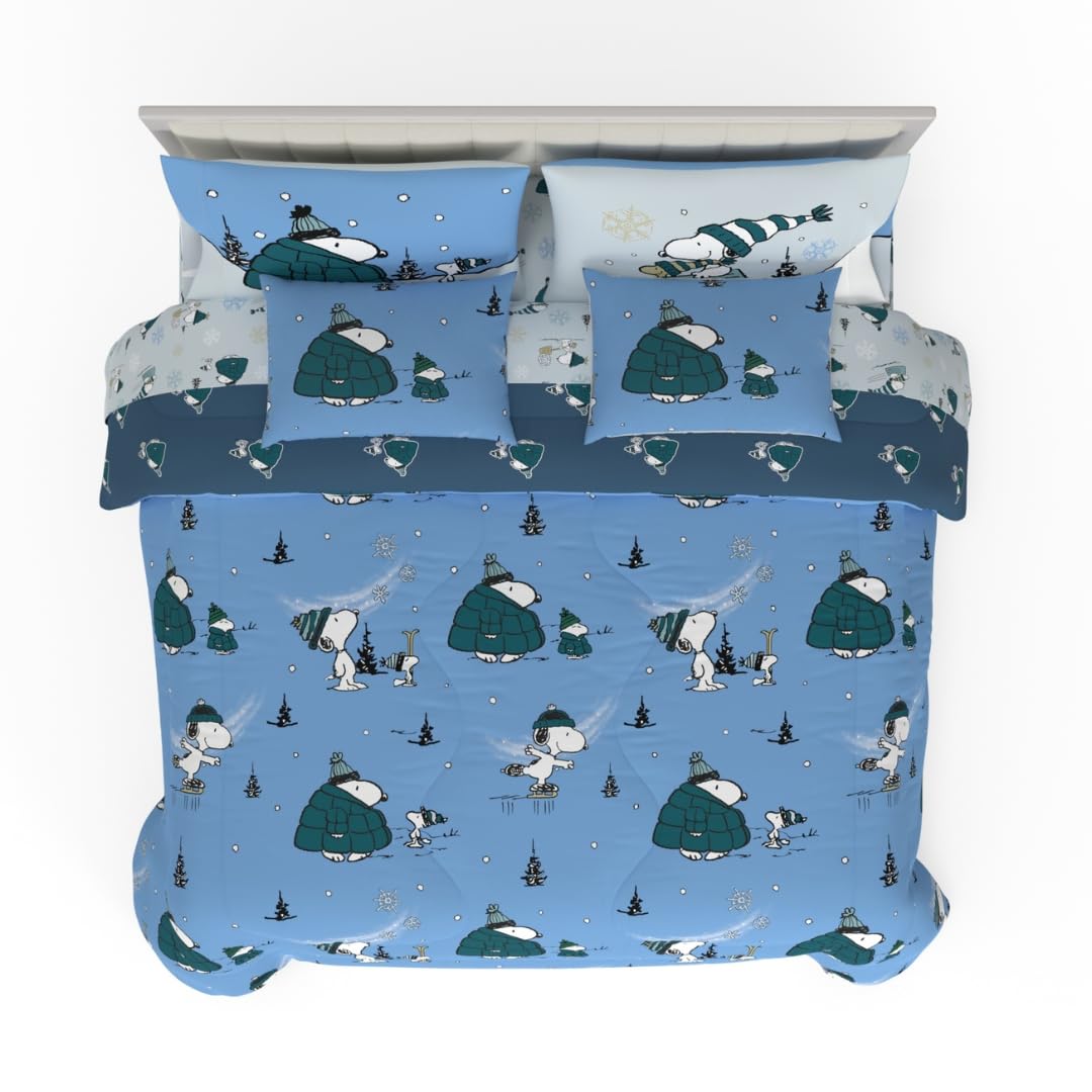 Franco Collectibles Peanuts Snoopy Puffer Holiday & Christmas Bedding Super Soft Comforter And Sheet Set With Sham, 7 Piece King
