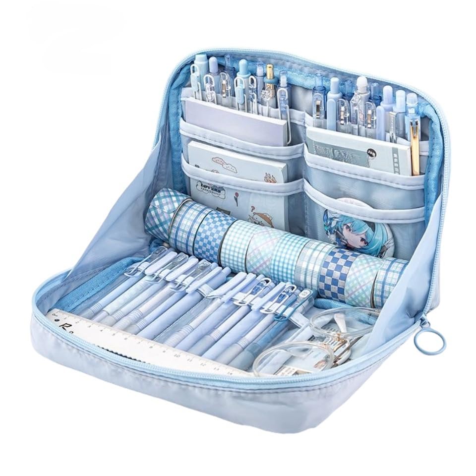 Uivxxud Kawaii Cute Aesthetic Pencil Case - Large Capacity Canvas Pen Pouch Bag (Blue)