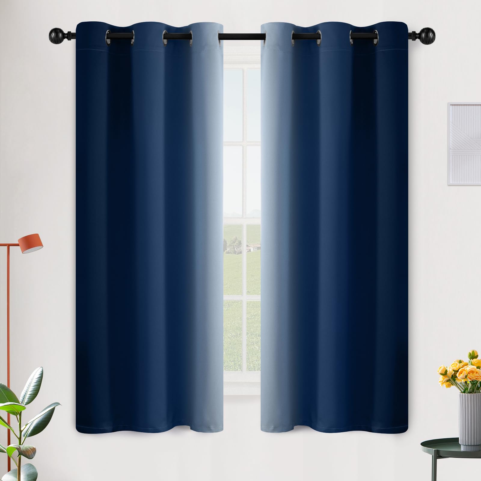 Simplehome Ombre Room Darkening Curtains For Bedroom, Gradient Blue To Grey White Light Blocking Thermal Insulated Grommet Windo