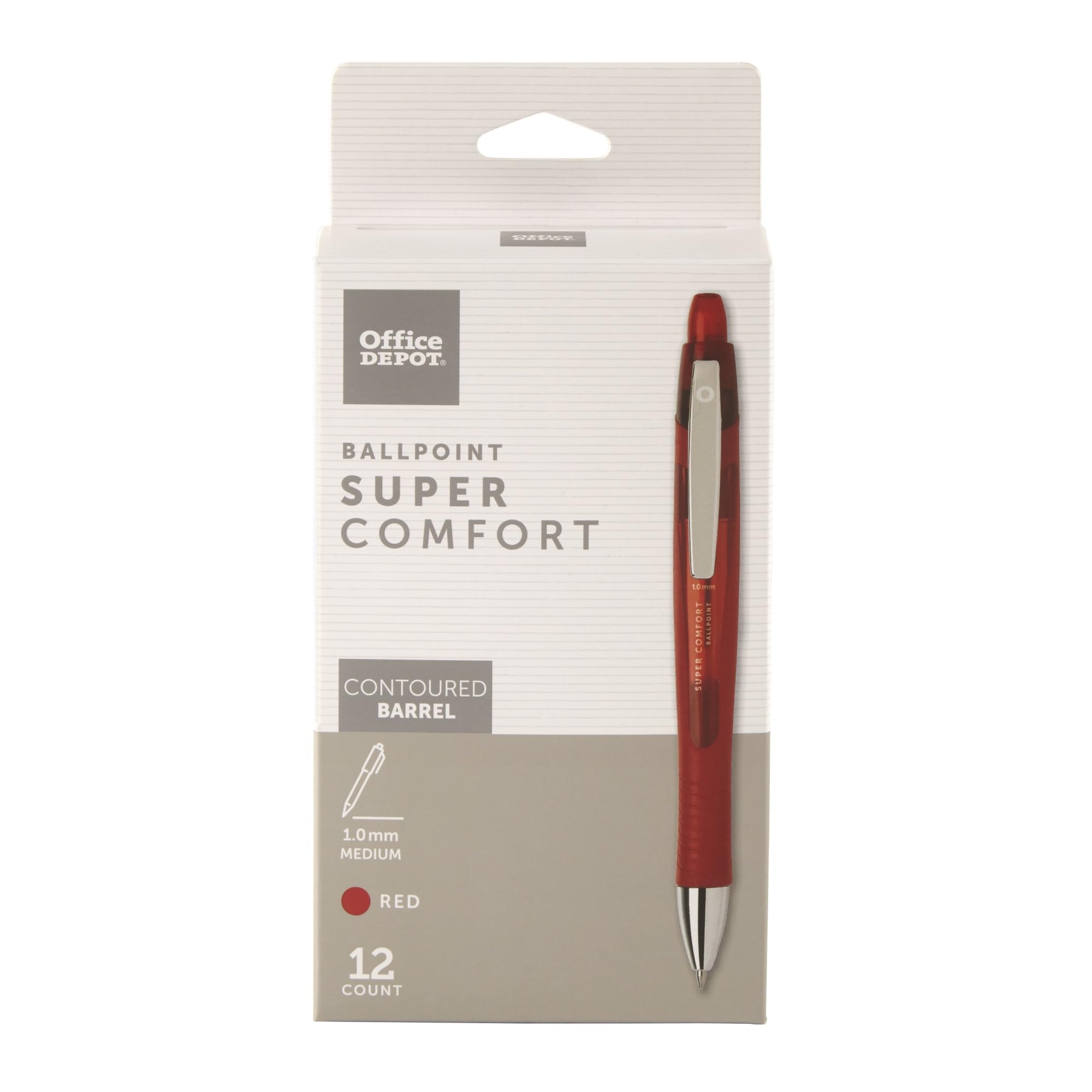 Office Depot Super Comfort Grip Retractable Ballpoint Pens, 1.0 Mm, Medium Point, Red Barrels, Red Ink, 12 Pk, Bp12Red