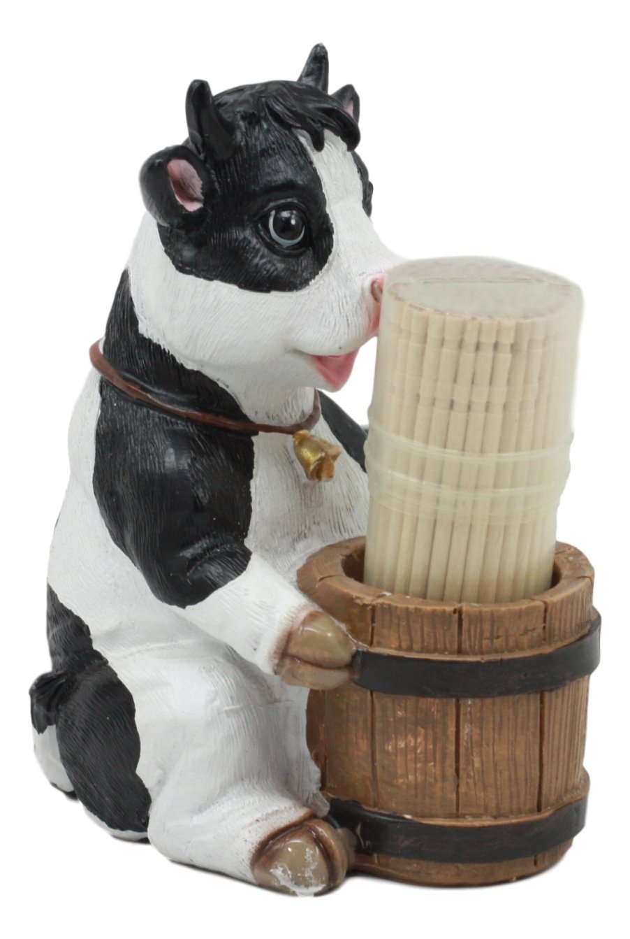 Ebros Country Farm Bovine Cow With Bell Collar Holding A Wooden Barrel Decorative Toothpick Holder Statue With Toothpicks 4'Tal