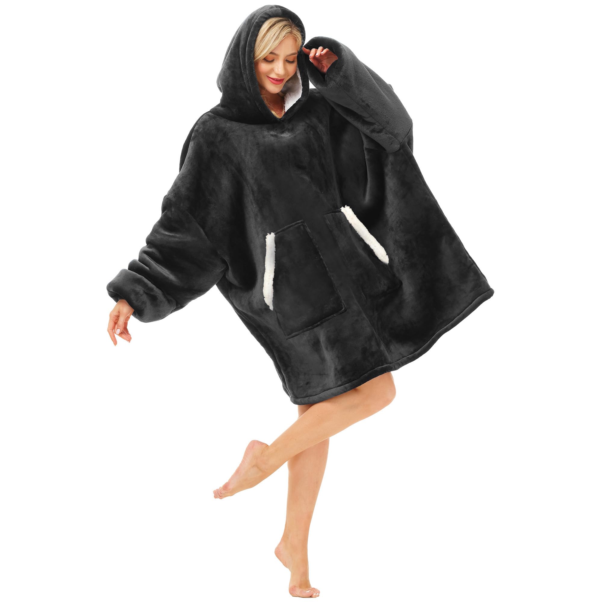 Kipswiza Oversized Sherpa Blanket Hoodie For Adult Women Men Teen - Thick Warm Wearable Hooded Sweatshirt Blanket Black